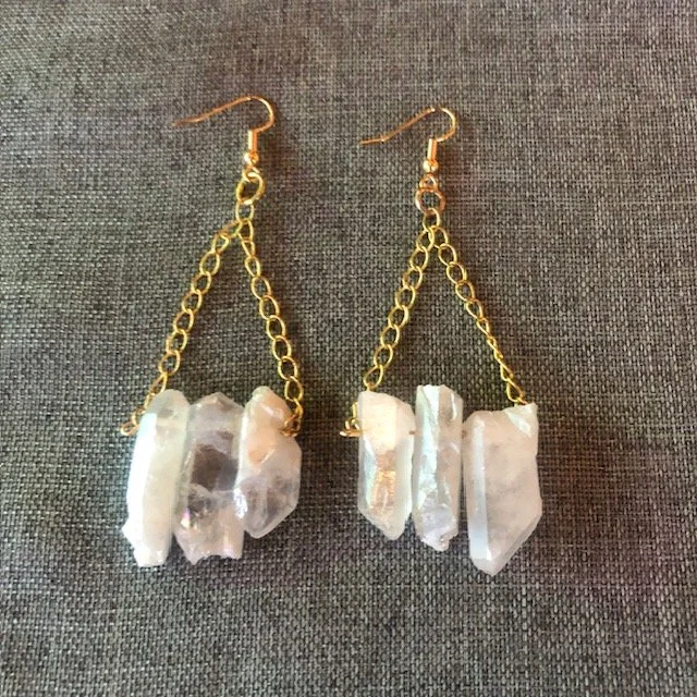 White Druzy Quartz Stick Chain Earrings