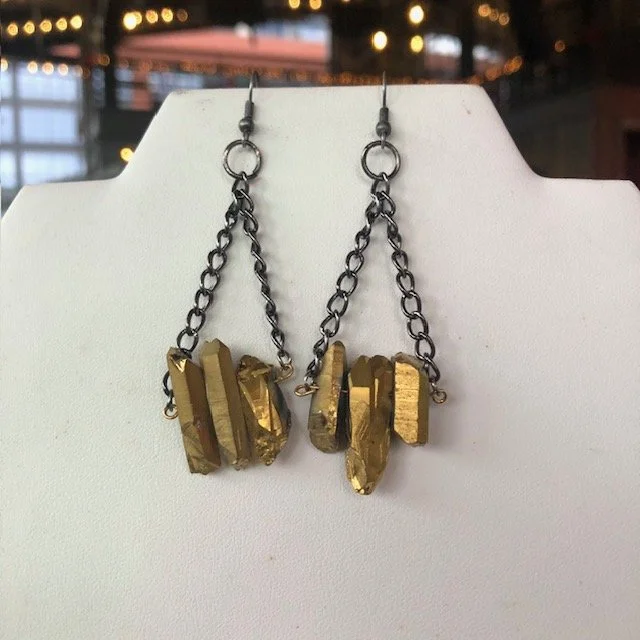 Gold Druzy Stick w Gunmetal Chain Earrings