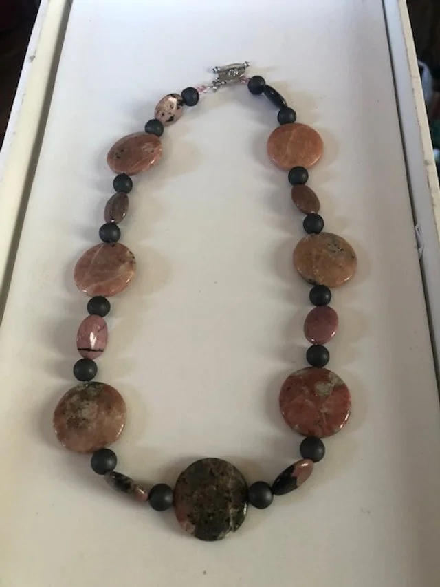 Pink Feldspar Circles with Grey Matte Hematite and Pink Rhodonite Necklace