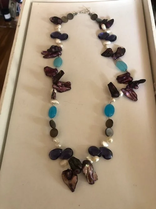 Purple , White and Grey Multi Shaped Pearls,  Aqua Quartz Bead Necklace