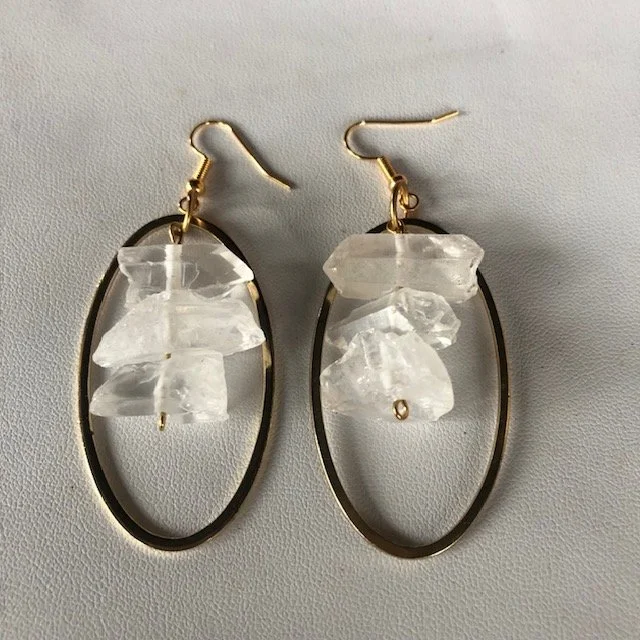 XL White Druzy Quartz in Gold Plated Hoop Earrings