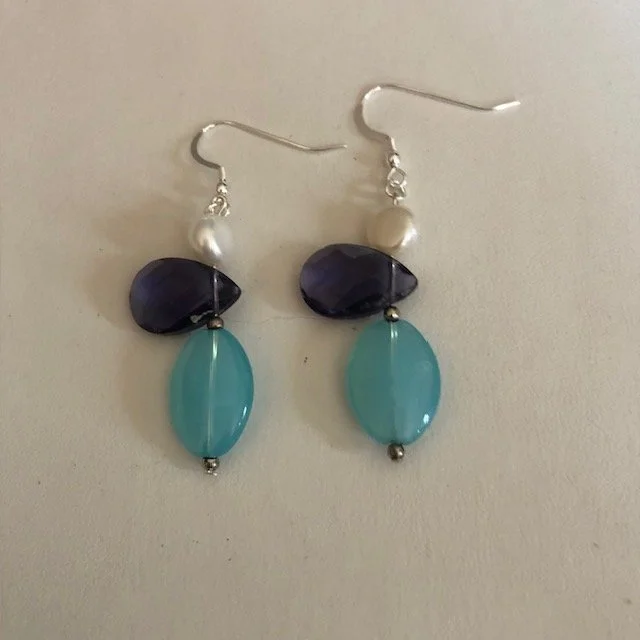 Aqua Quartz, Amethyst and Pearl Earrings