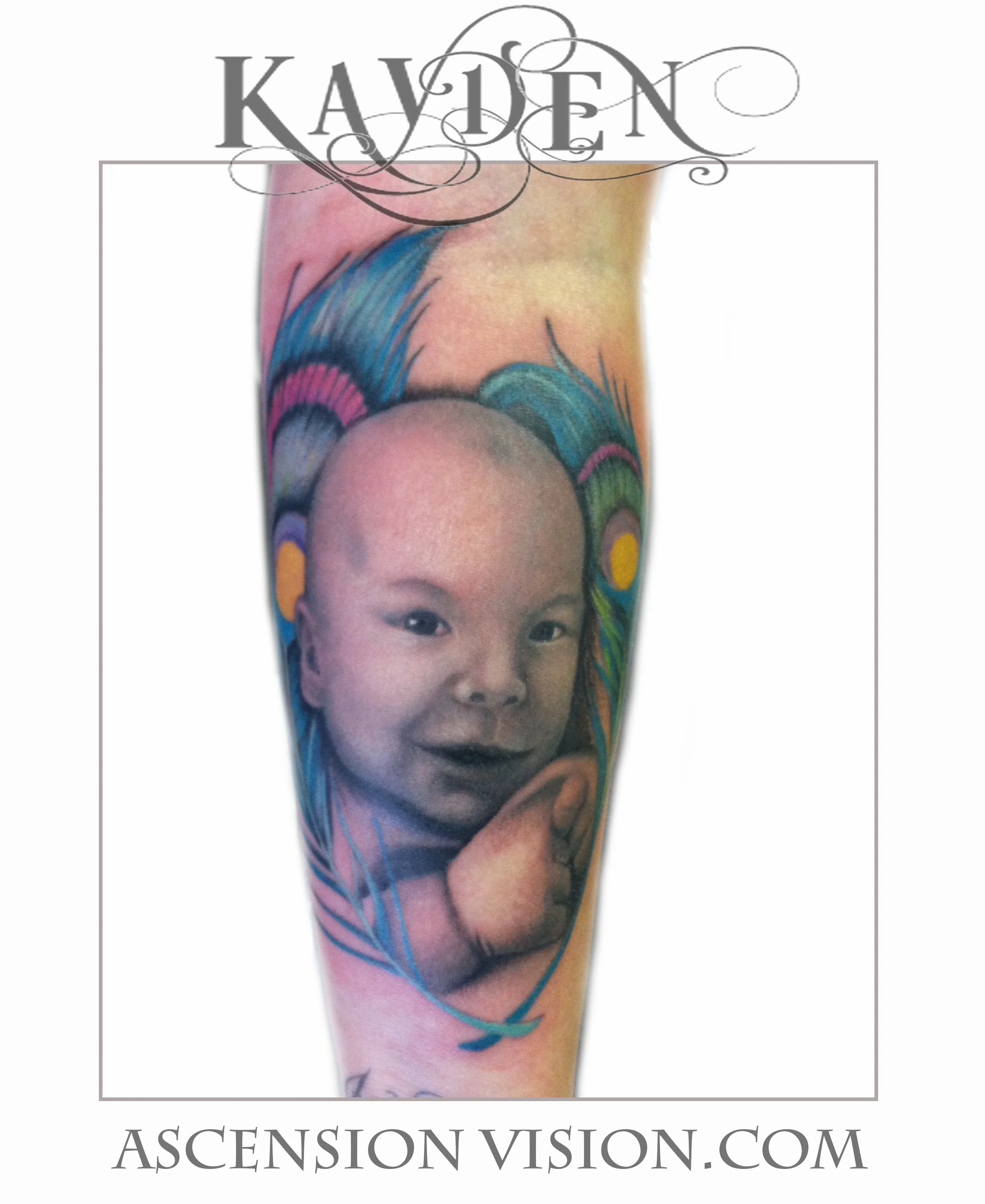 Dallas Tattoo Artist Kayden DiGiovanni denver Addison Texas portrait black and gray realism baby color rip memorial tribute peacock 3d ascension vision.jpg