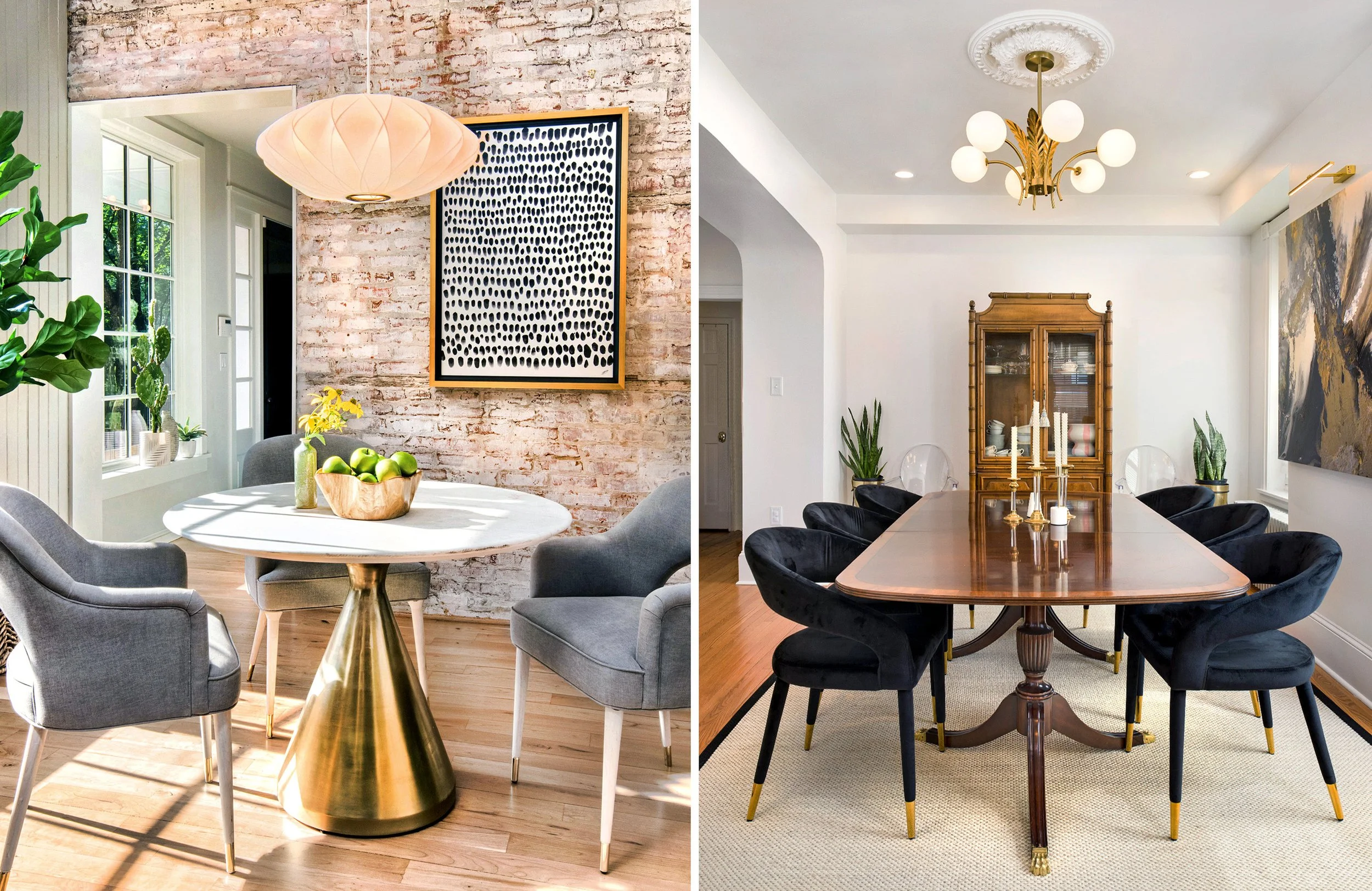 Split image showing two dining rooms. Left side features a modern dining area with a white round table, four gray upholstered chairs, a brick wall, a large black and white artwork, and a gold conical base table. Right side shows a traditional dining 