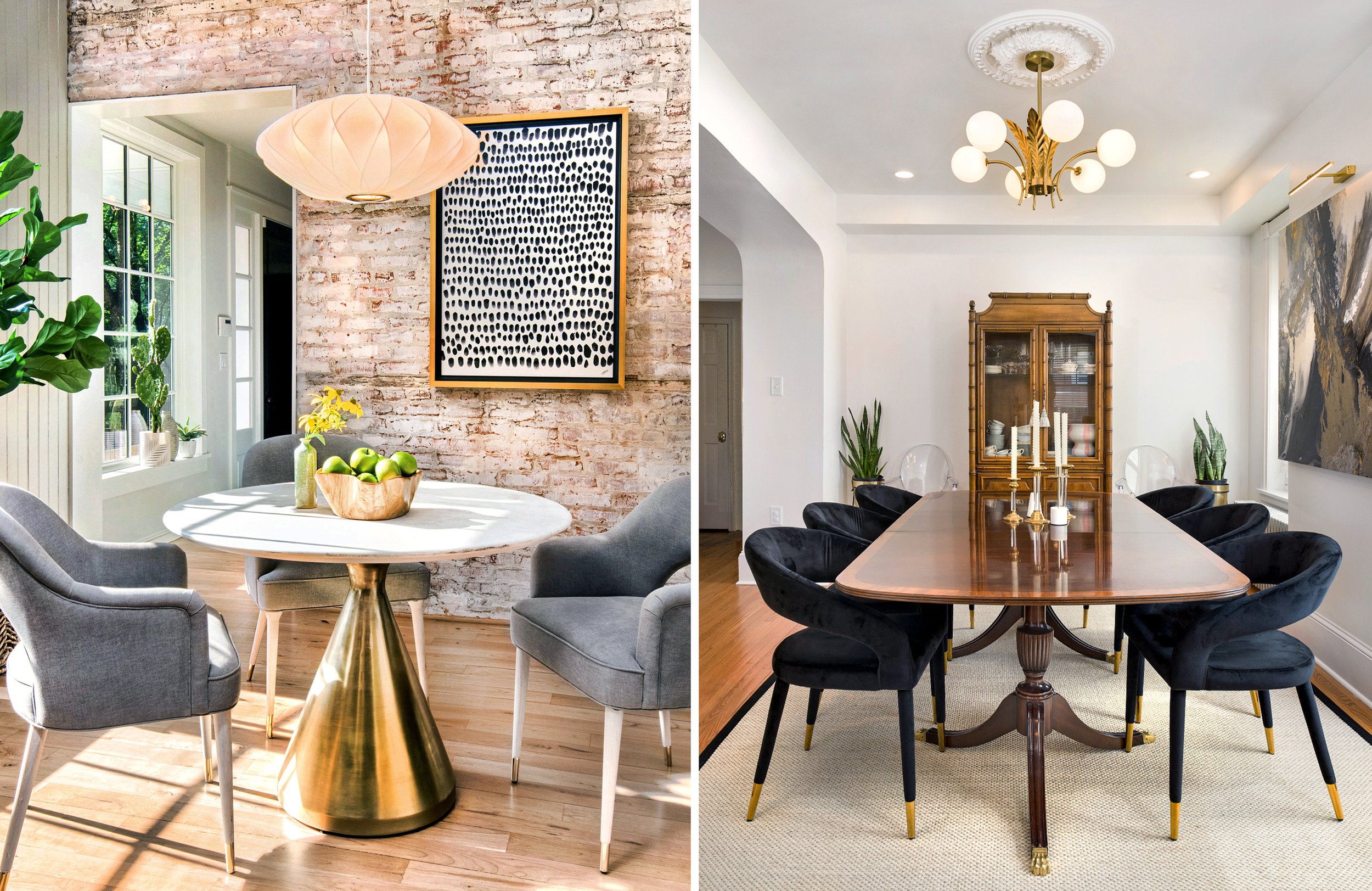 Split image showing two dining rooms. Left side features a modern dining area with a white round table, four gray upholstered chairs, a brick wall, a large black and white artwork, and a gold conical base table. Right side shows a traditional dining 