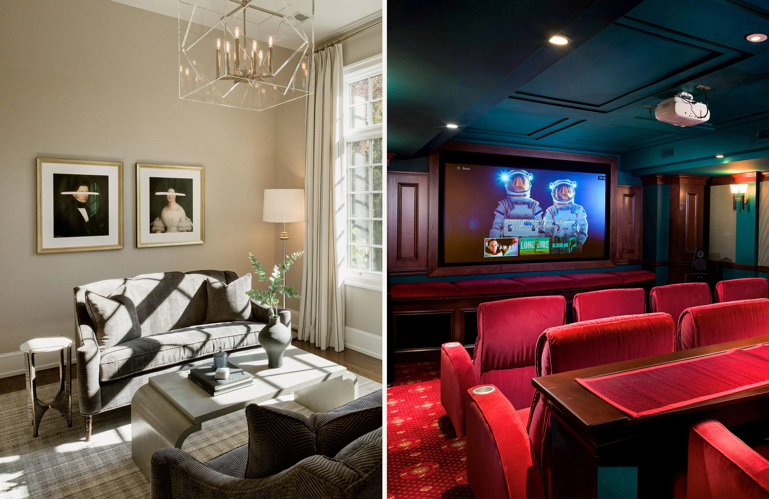 Split image showing an elegant living room with framed artwork and chandelier beside a home theater with red seats, projector, and large screen.