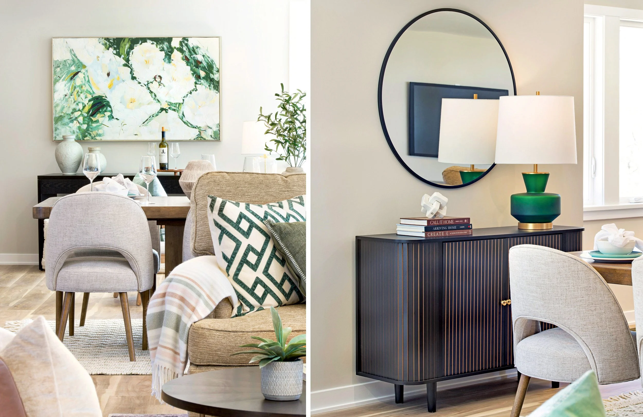 Side-by-side comparison of a living room and a hallway with a black console table and decorative items, including lamps, artwork, mirror, and plants. Green theme.