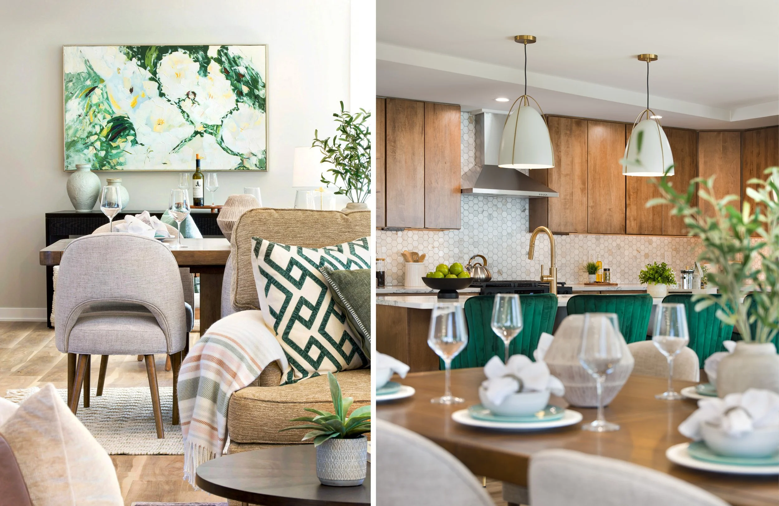 Split image of two modern home interiors, left side shows a dining area with abstract art, vases, wine bottle, and chairs, right side shows a kitchen with hanging pendant lights, wooden cabinets, and a countertop with green apples and plants.