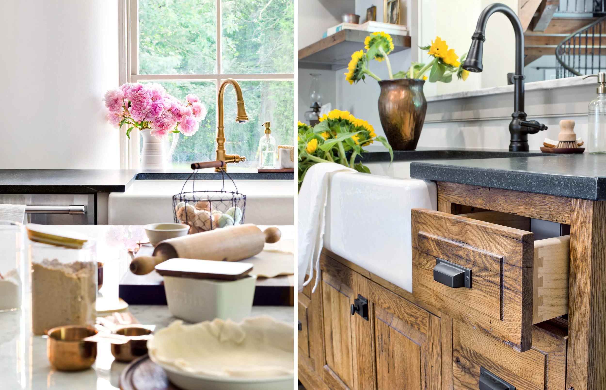Split image of two kitchen scenes, left side showing a sink with a vase of pink flowers, a rolling pin, bowls, and baking ingredients on a table; right side showing a kitchen sink with sunflower flowers, a vase, and wooden cabinetry.