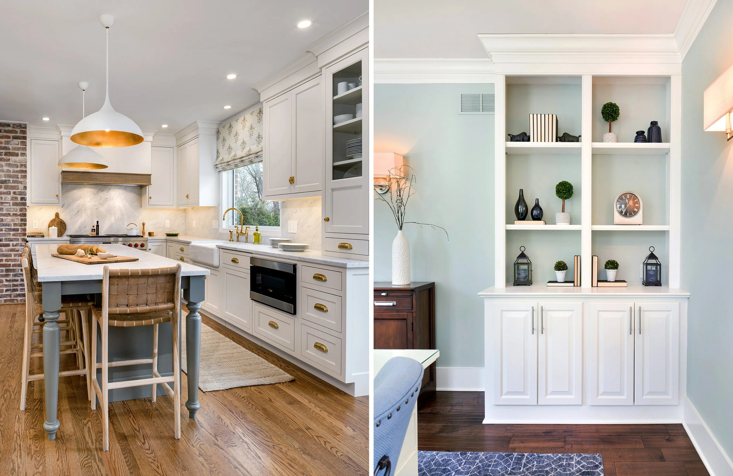 Split view of two kitchens, left has white cabinets, brick wall, gold hardware, and pendant lights; right has built-in white shelving, decorative items, and a pale green wall.