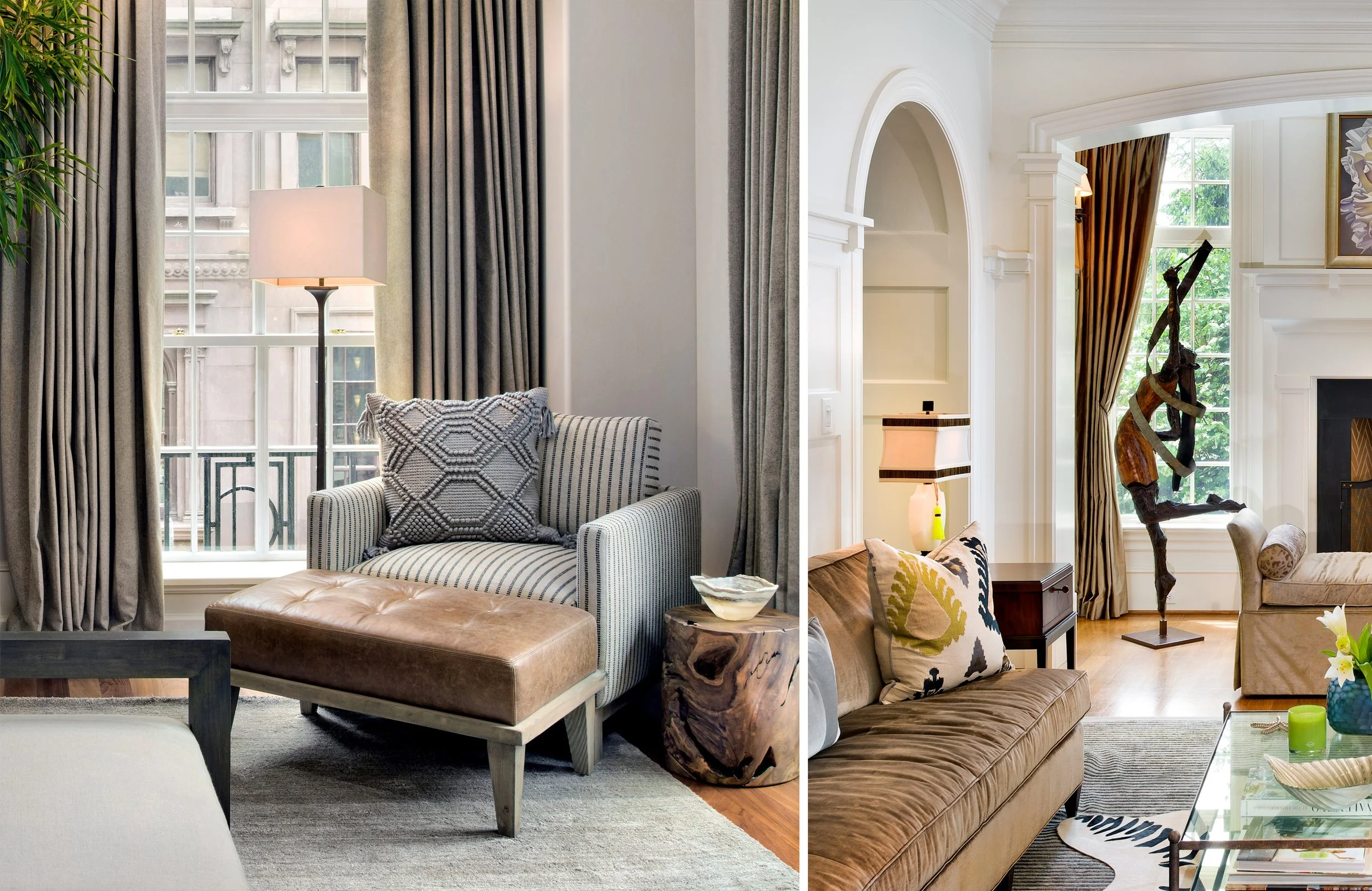 Side-by-side images of living rooms with large windows, curtains, sofas, and decorative items.