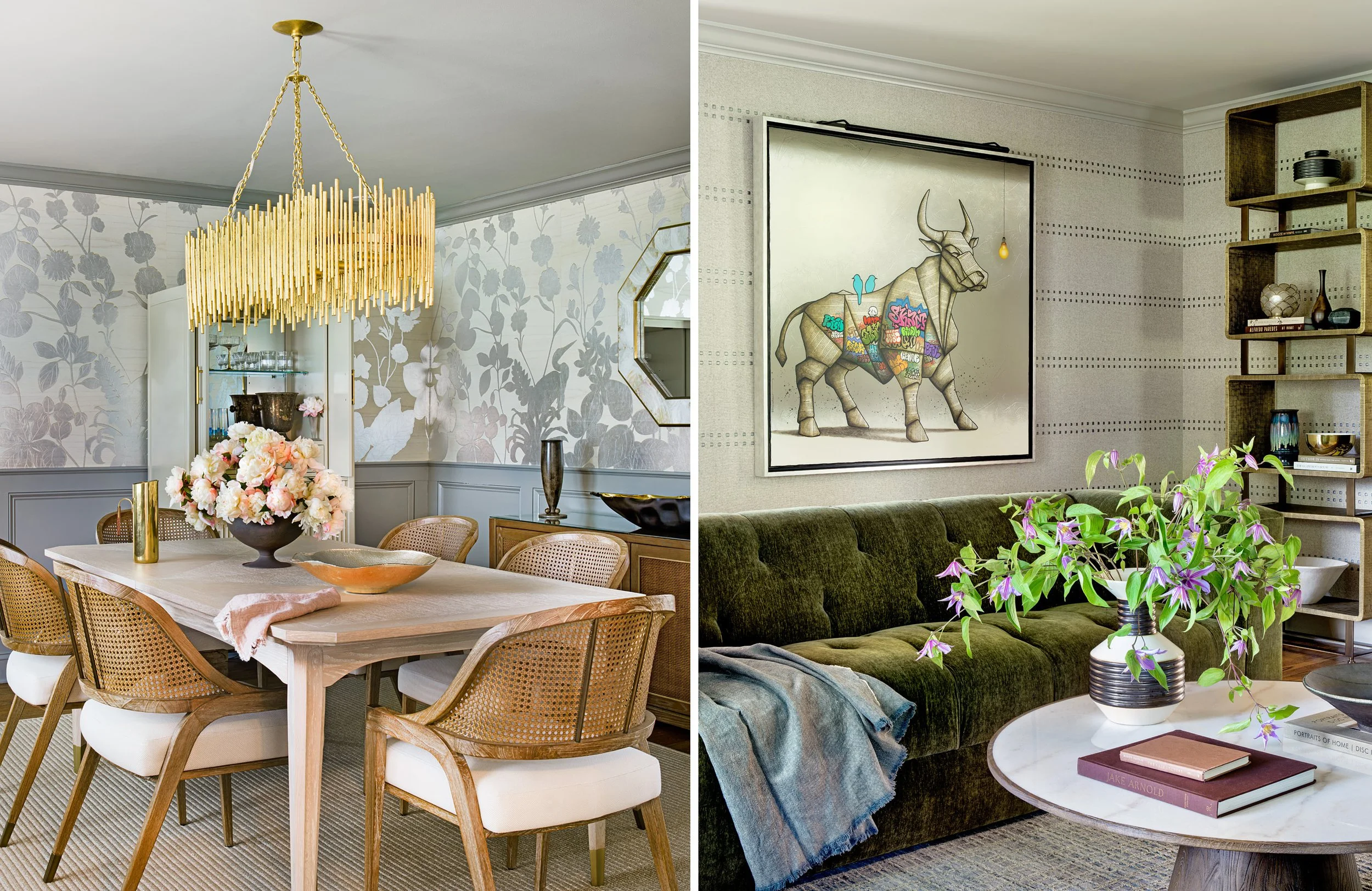 Split interior design scene featuring a dining room with a gold chandelier and floral wallpaper alongside a living room with a green sofa, bull artwork, shelving, and flowers.