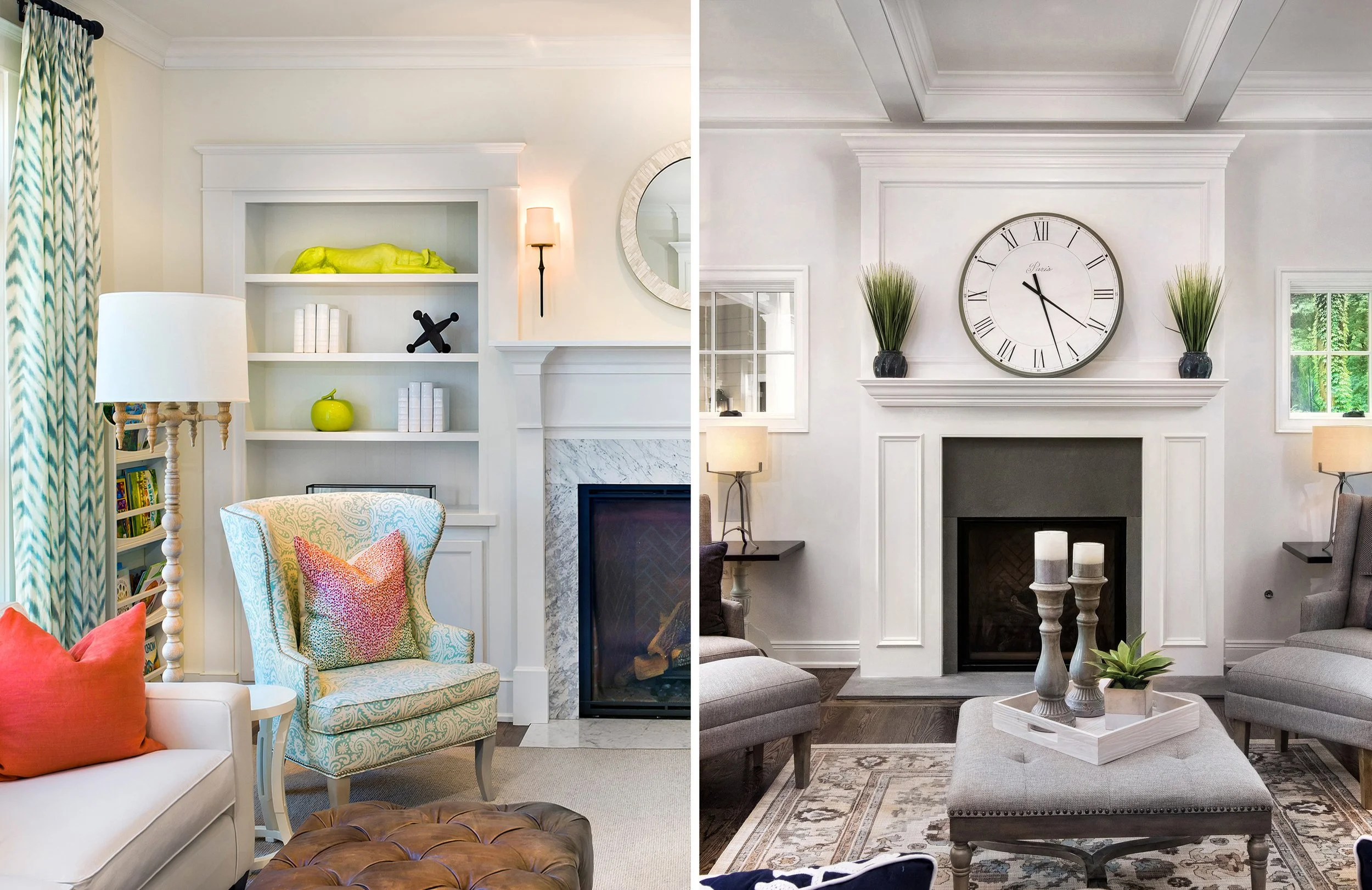 Comparison of two living room interiors, left side show a cozy colorful living room with a white sofa, patterned armchair, colorful cushions, a bookshelf, and a fireplace with a yellow dog decor on the shelf; right side shows a more modern, neutral g