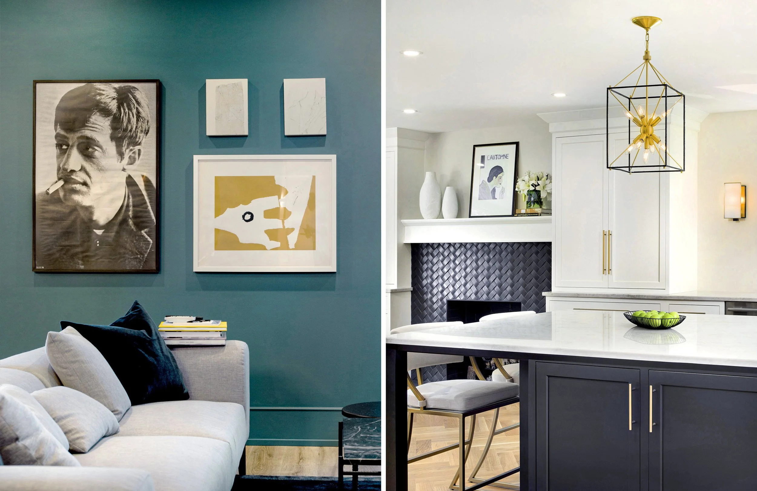 Split view of two interior spaces: on the left, a living room with a beige sofa, black cushions, and abstract artwork on a teal wall; on the right, a modern kitchen with white cabinets, a black textured fireplace, decorative vases, a framed art print