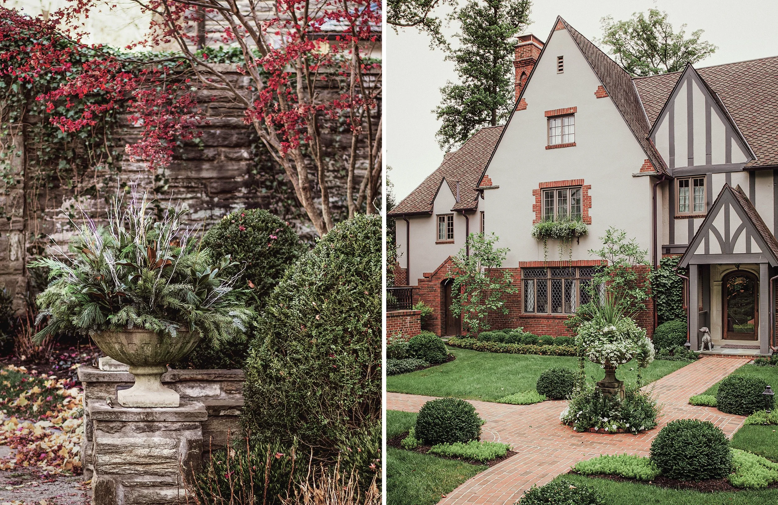 Side-by-side images of a lush garden and a picturesque house with a well-maintained lawn and red-brick walkways.