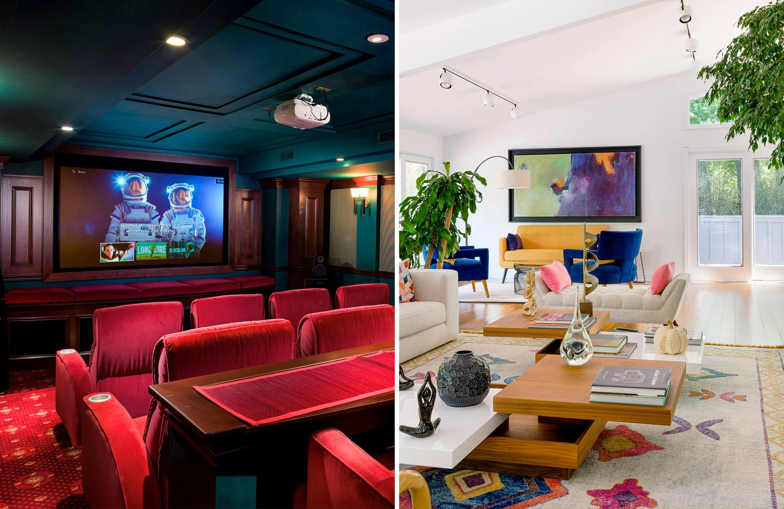 Comparison of a home theater room with a large TV and red seating on the left, and a bright living room with colorful furniture and artwork on the right.
