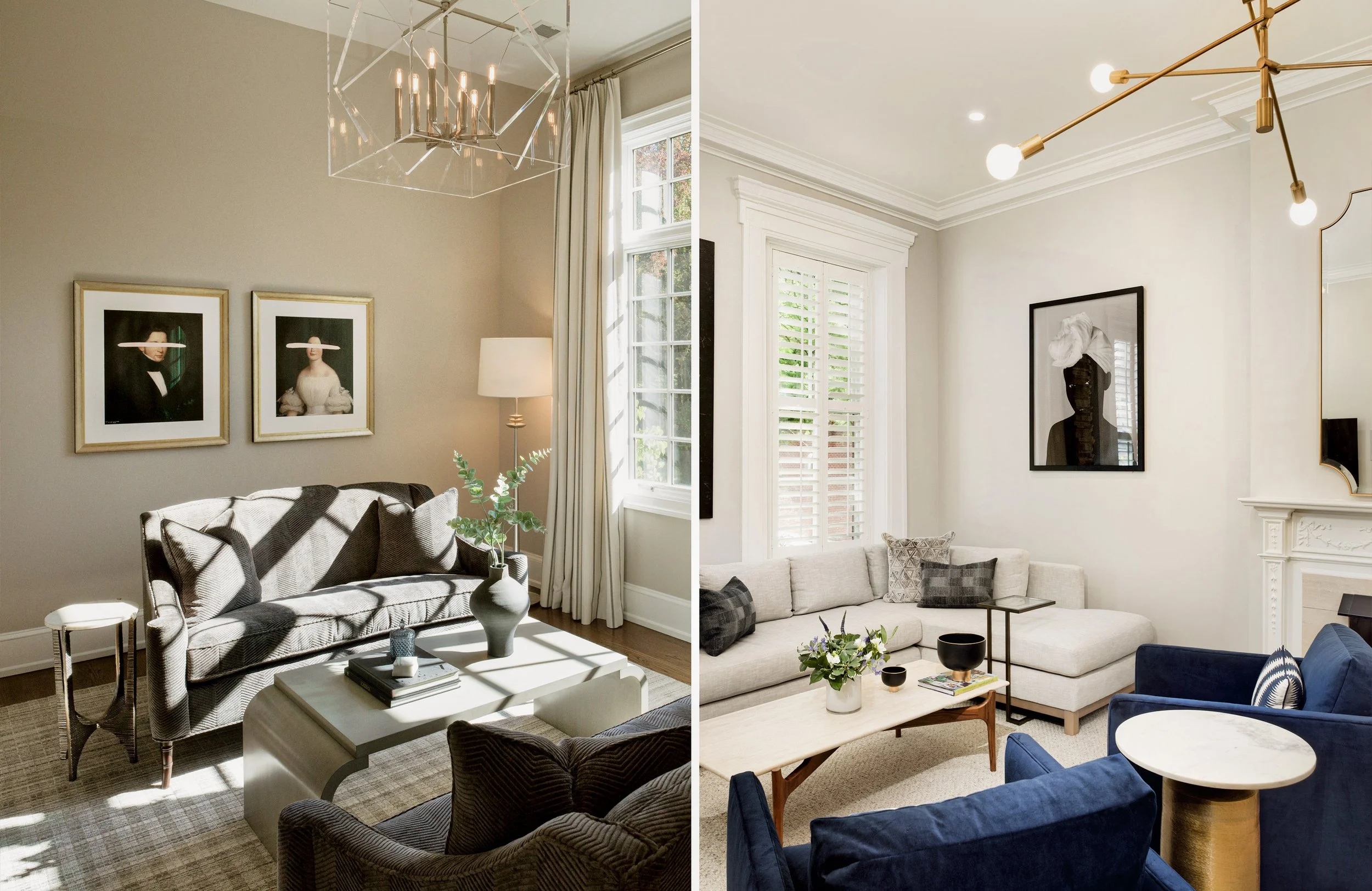 Comparison of two living rooms. The left side shows a beige wall with framed portraits, a window with curtains, and a gray sofa under a modern chandelier. The right side features a white wall with crown molding, black and white artwork, and a white s