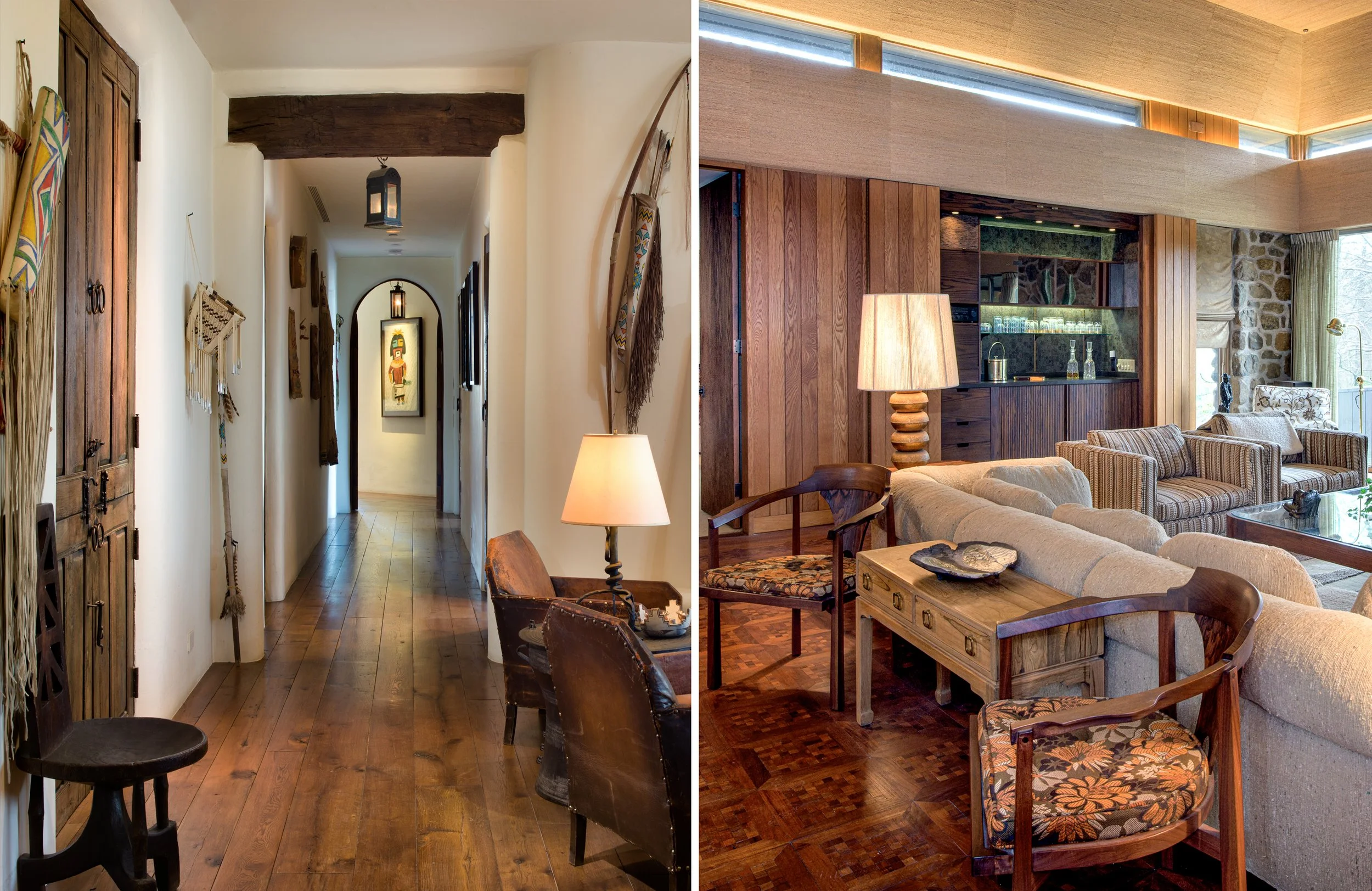 Comparison of two interior spaces: left side shows a hallway with wooden floors, artifacts, and hanging lanterns in a Santa Fe style; right side shows a living room bar with wood-paneled walls in a mid century modern home with vintage pieces.