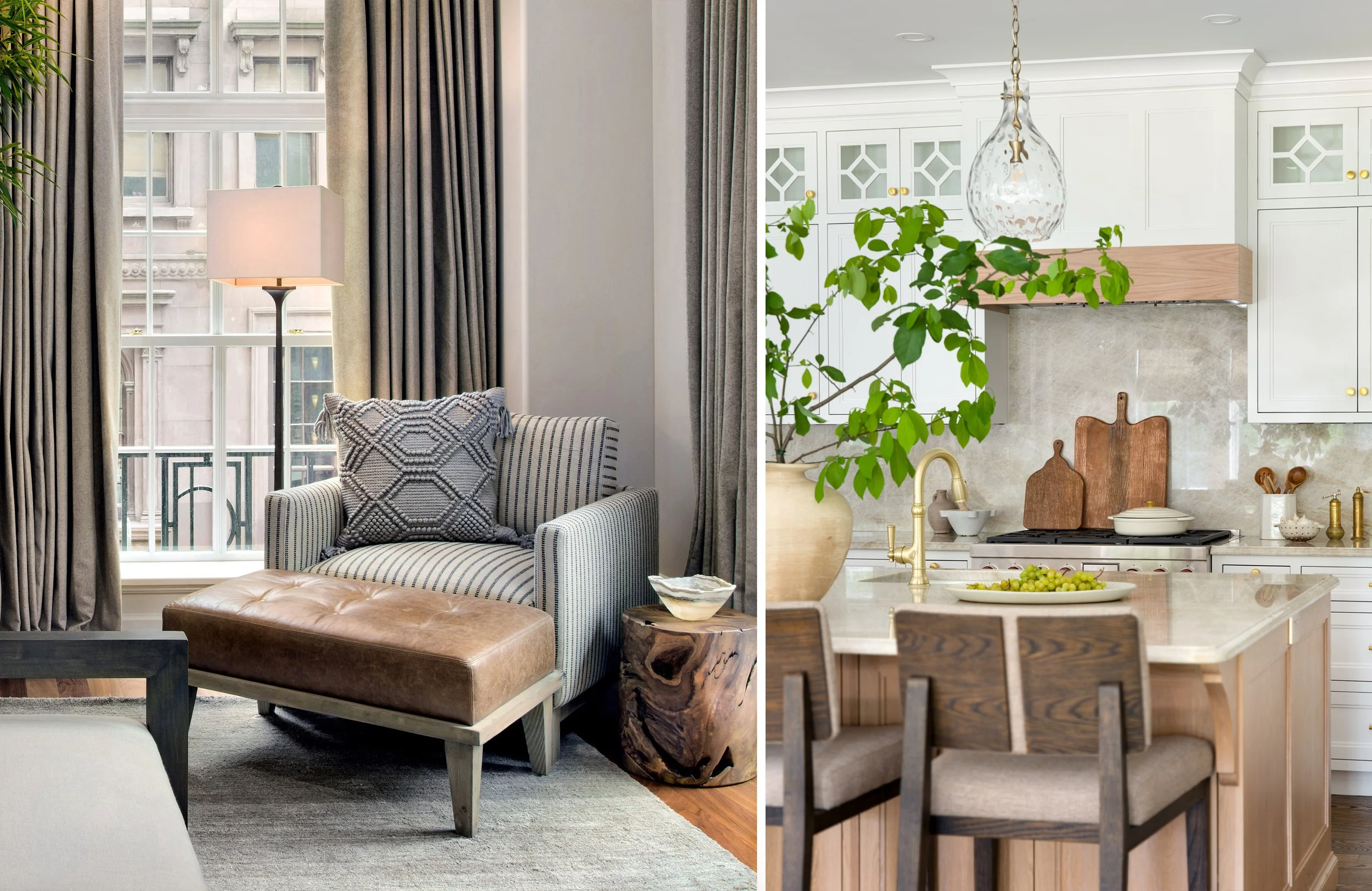 Split image showing a living room on the left with large windows, curtains, a floor lamp, and a seat with a throw pillow, and a kitchen on the right with white cabinetry, a pendant light, a potted plant, and a kitchen island with a bowl of grapes.