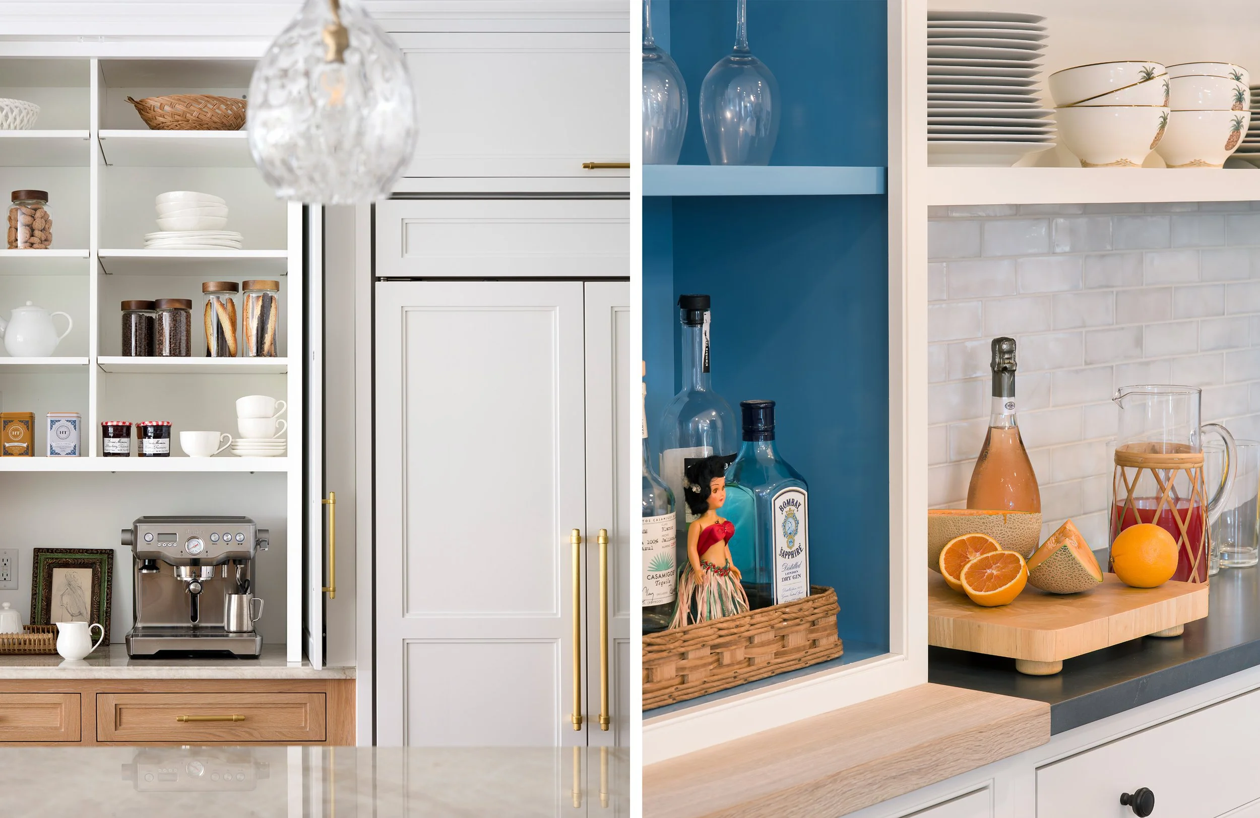 Bright kitchen with open shelving displaying dishes, glassware, jars, wine bottles, fresh citrus, and a countertop espresso machine