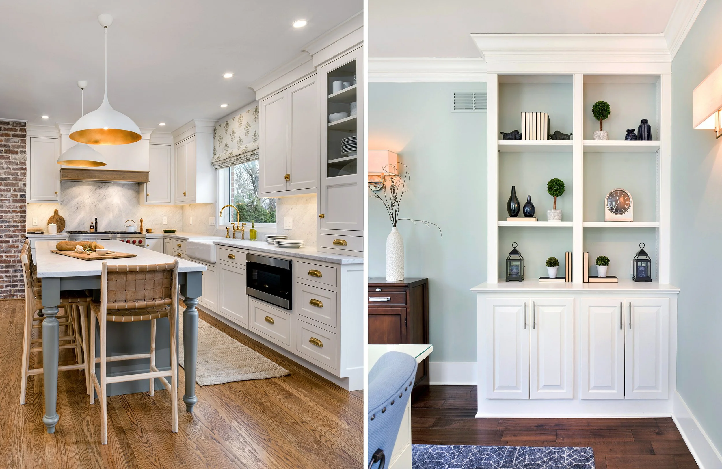 Split view of two kitchens, left has white cabinets, brick wall, gold hardware, and pendant lights; right has built-in white shelving, decorative items, and a pale green wall.