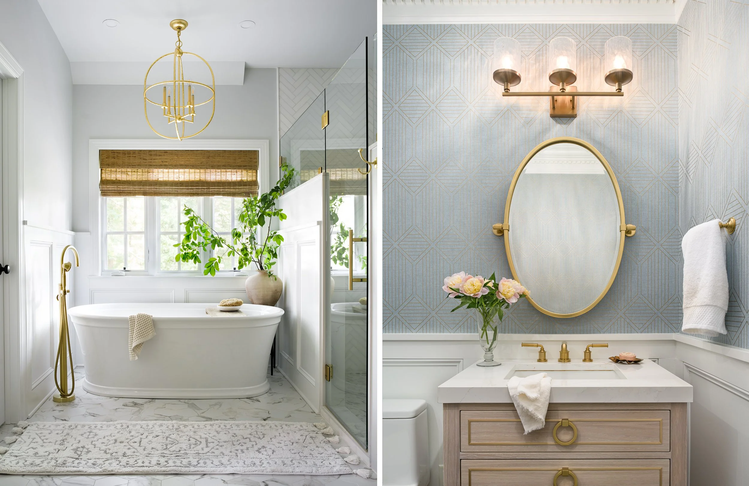 A split view of a bathroom with a white bathtub, green plants, a window with a woven shade, and a gold chandelier on the left; a vanity with a mirror, flowers, a faucet, and wall lighting on the right.