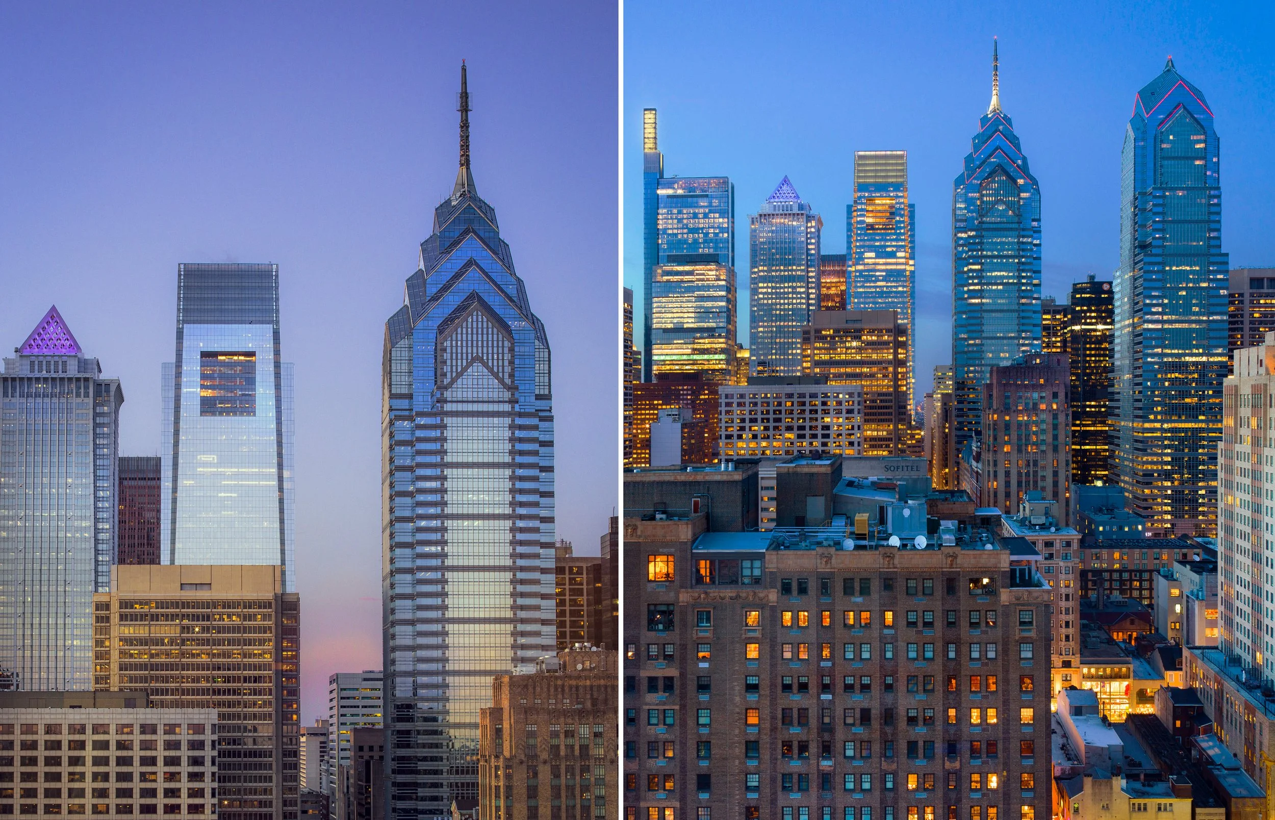 Side-by-side view of a city skyline at dusk with a prominent pointed skyscraper, on the left with some buildings illuminated, on the right with more lights and detail visible in the buildings.