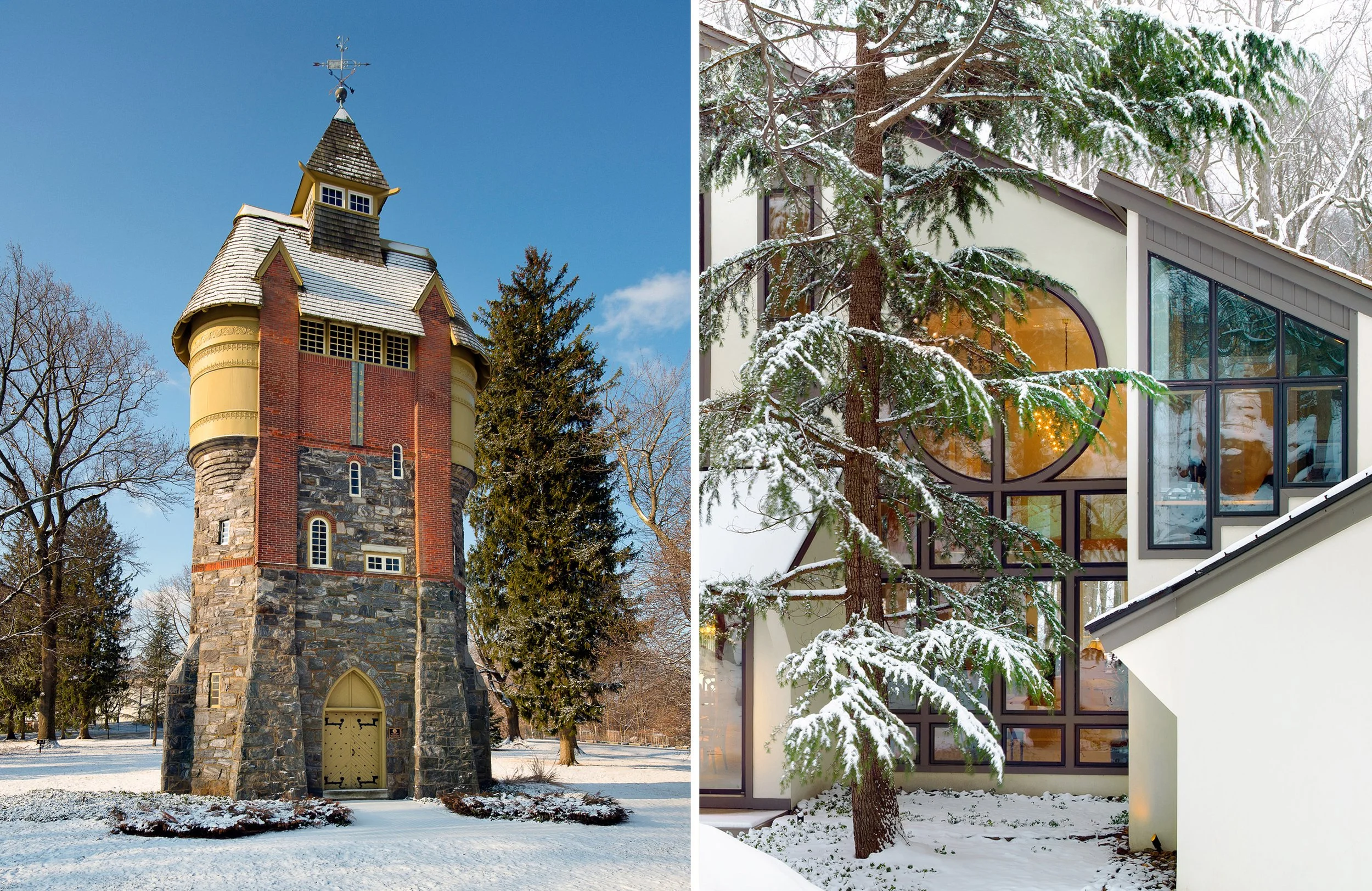 A split scene showing contrast between two different buildings in winter. On the left, a historic stone and brick tower with a pointed roof and weather vane, surrounded by leafless trees and snow-covered ground. On the right, a modern building with l