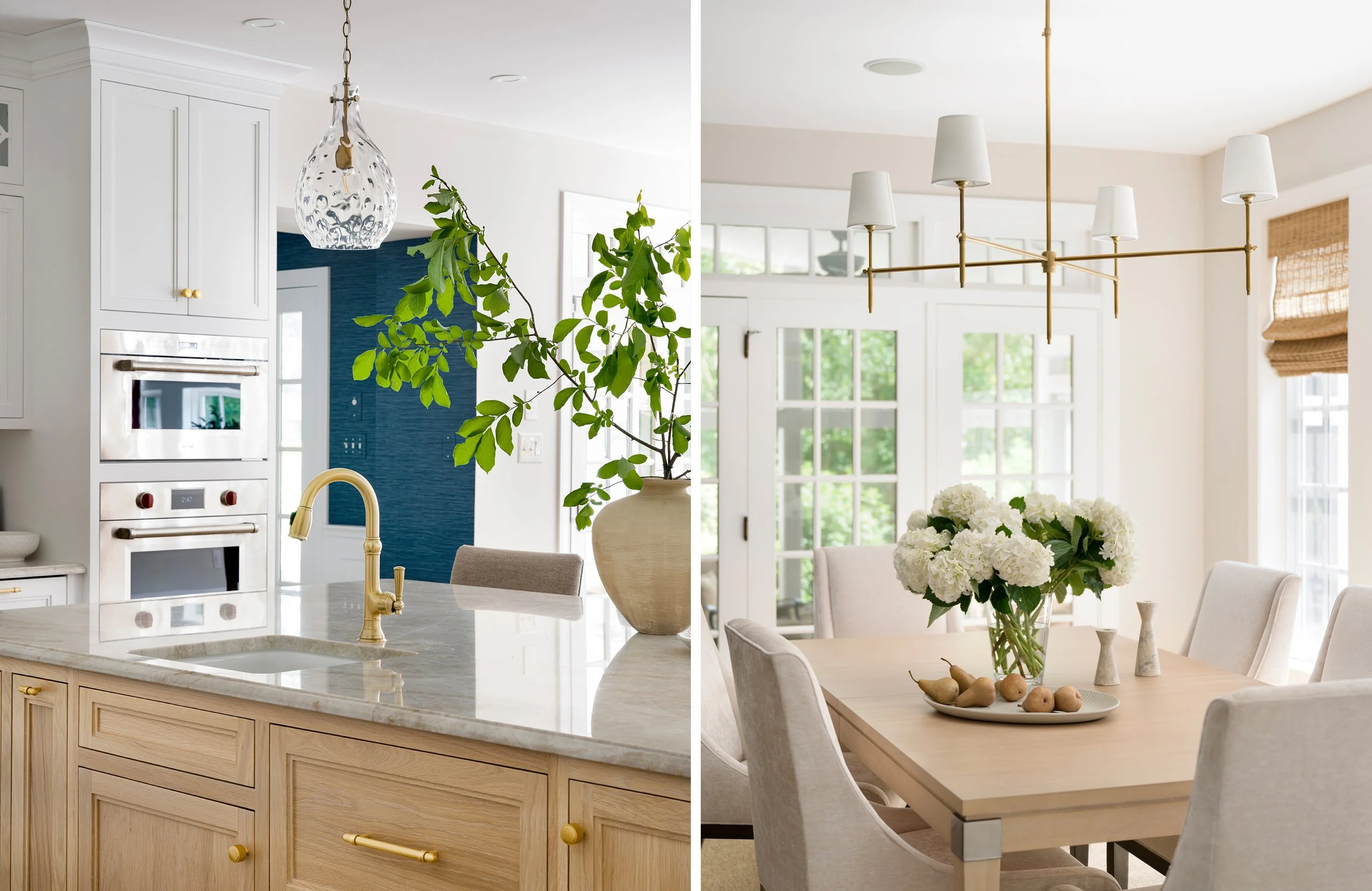 A split view of two interior spaces: on the left, a kitchen with white cabinetry, a glass pendant light, green plant, and a marble countertop; on the right, a dining area with a wooden table, beige upholstered chairs, a white floral centerpiece, a mo