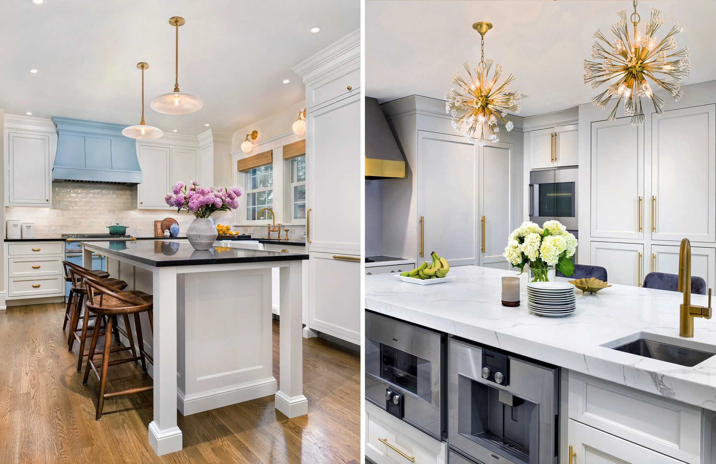 Side-by-side comparison of two modern kitchens with white cabinetry, gold accents, and marble countertops; the left has a blue range hood and a wooden island, while the right has a white and gold chandelier and a white marble island.