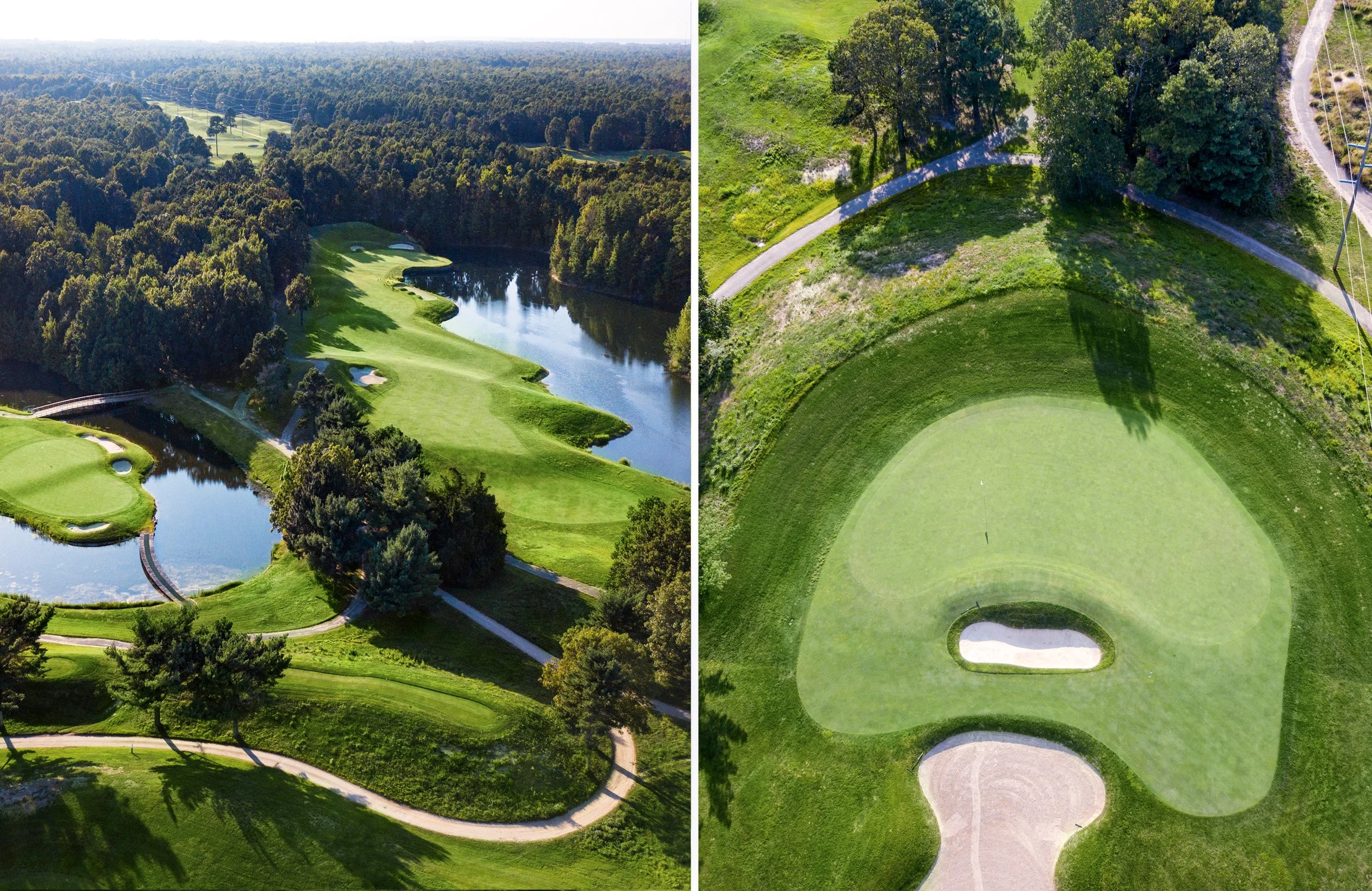 Aerial views of a golf course divided into two parts, showing green fairways, sand bunkers, water hazards, trees, and pathways.