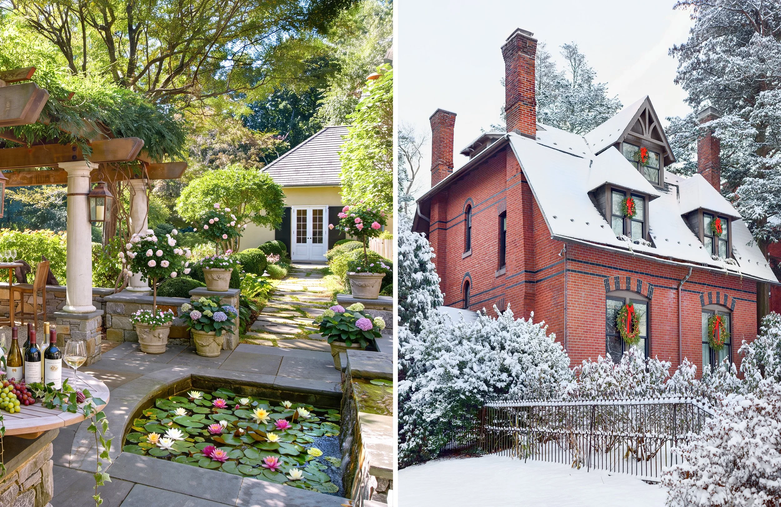 Split-season view of a brick house: lush garden patio with pond and flowers in summer beside a snow-covered holiday-decorated home in winter