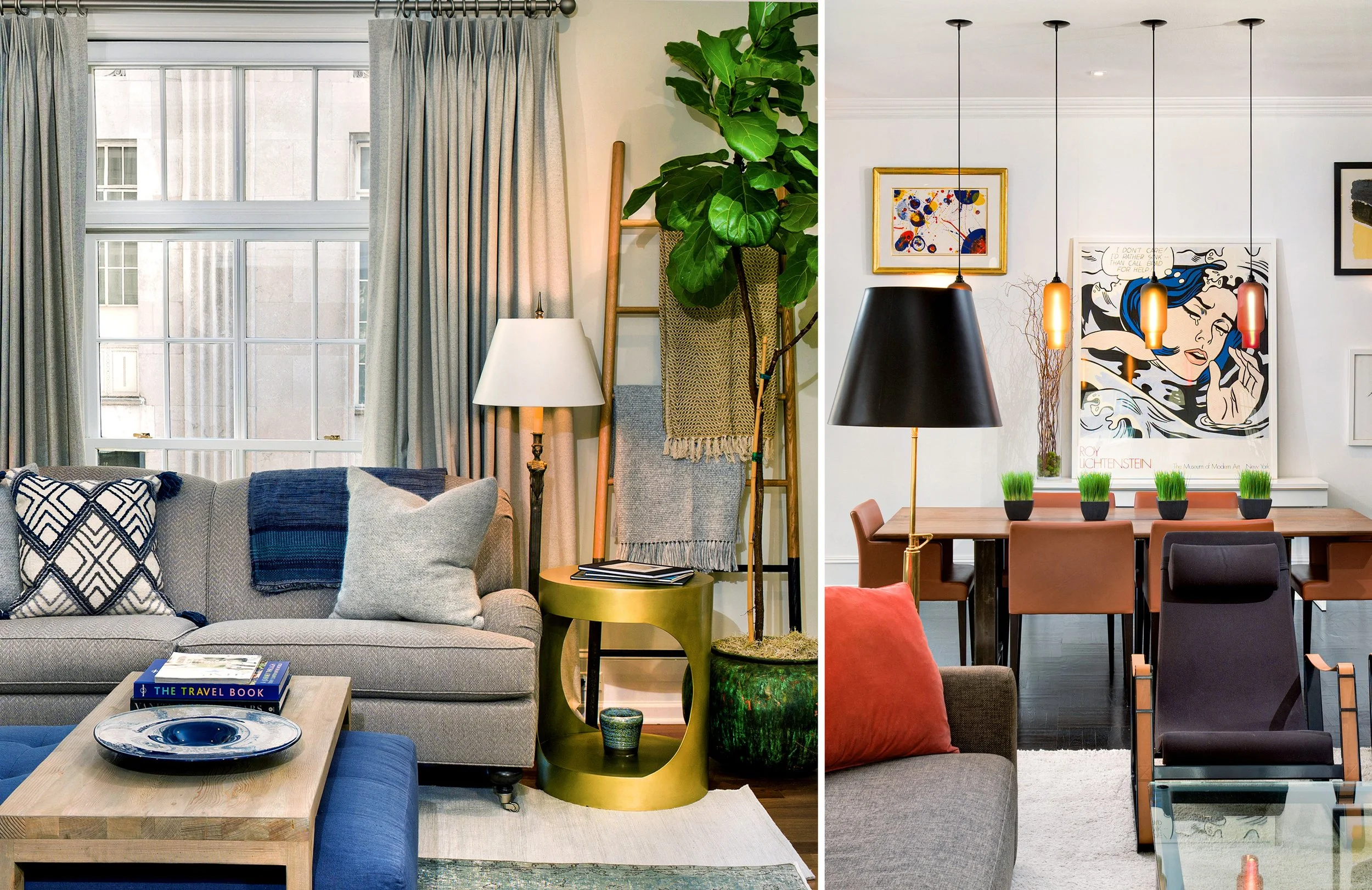 Split view of two interior rooms. Left side shows a cozy living room with large window, beige sofa with patterned and plain cushions, wooden coffee table with books and a decorative plate, a tall floor lamp, ladder with a hanging blanket, and lush gr