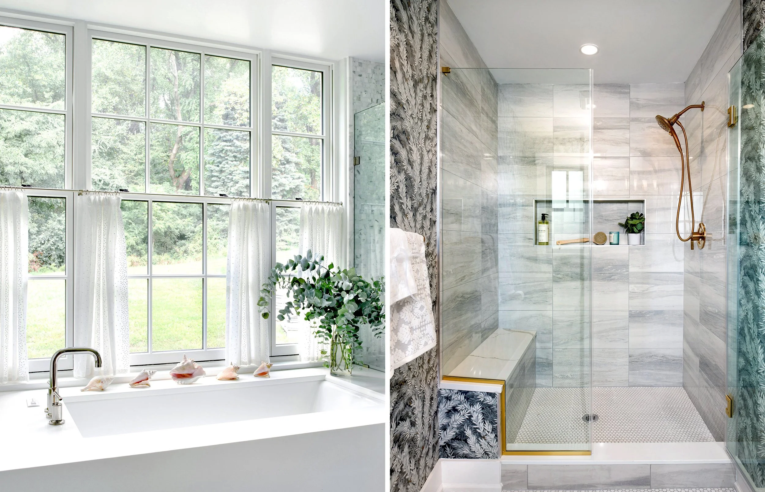 Split view of a bright bathroom with a large window and a bathtub on the left, and a modern walk-in shower with a glass door and tiled walls on the right.