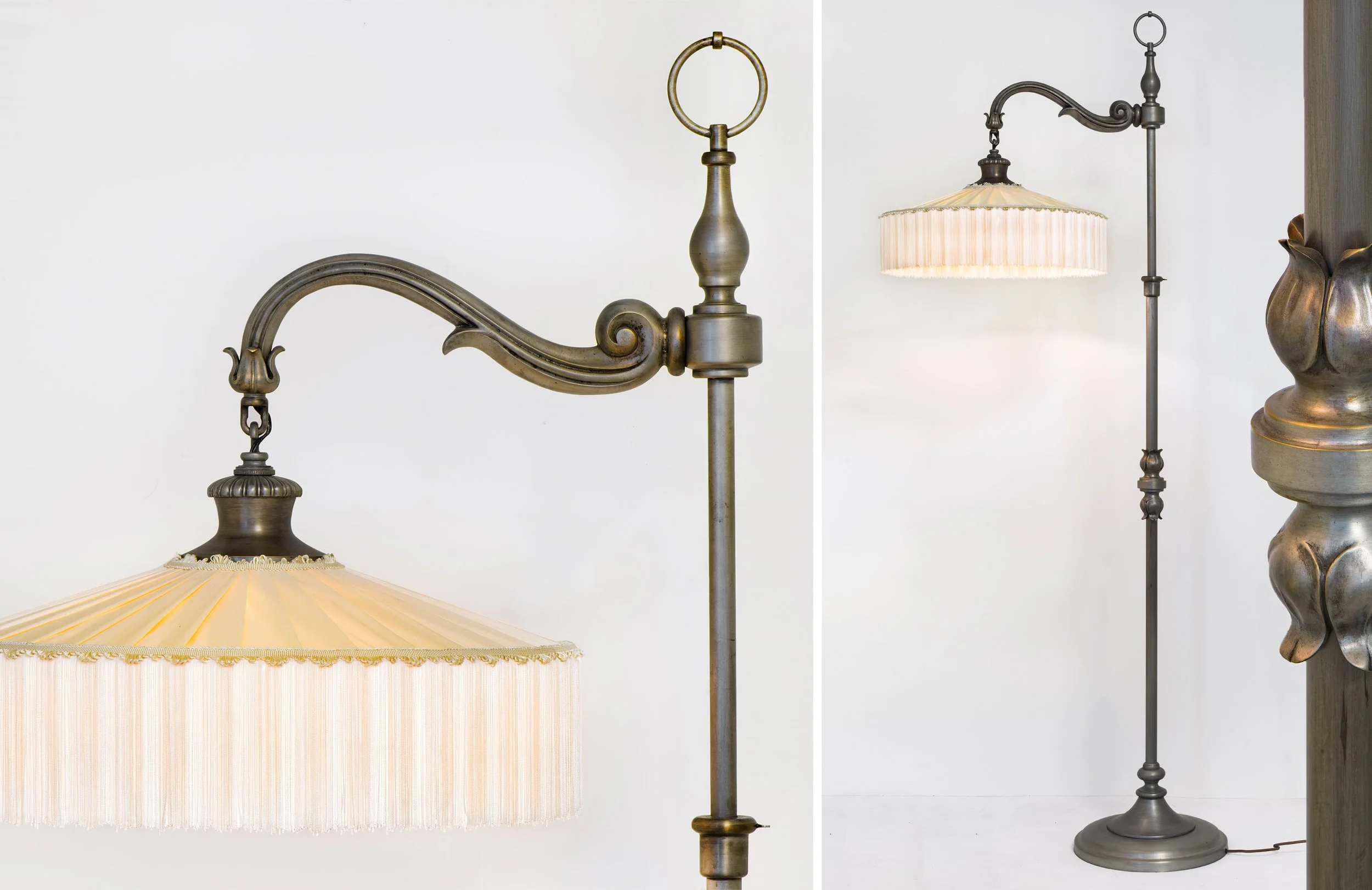 Close-up of a vintage brass floor lamp with a fabric lampshade, featuring intricate design details, set against a plain white background.