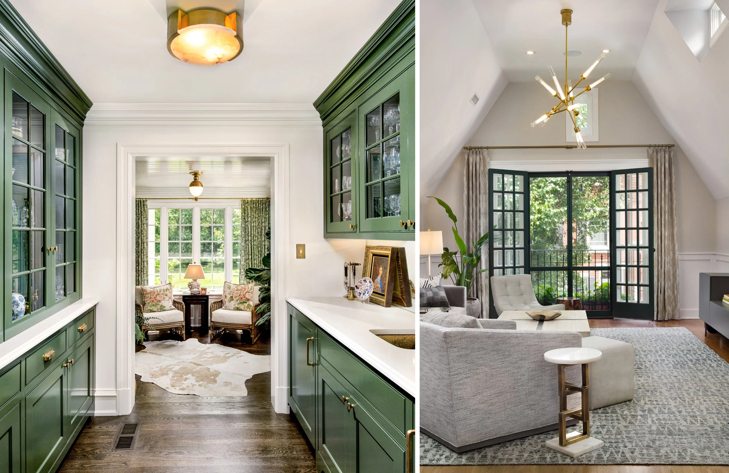 Interior views of a living space, with the left side showing a kitchen area with green cabinets and white countertops, and the right side showing a living room with a sofa, large windows, and modern lighting fixtures.