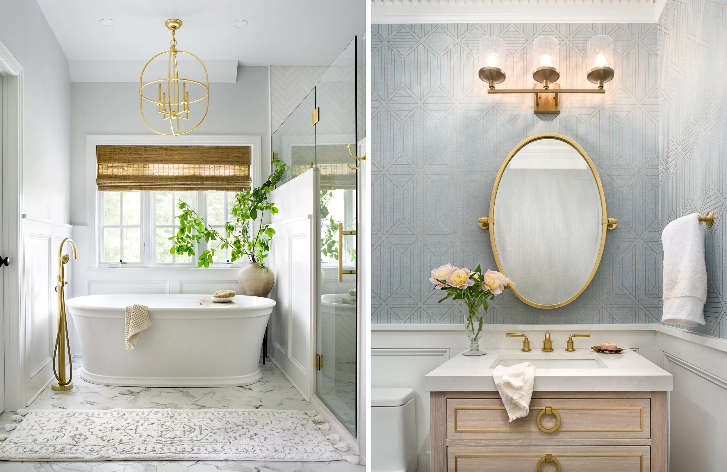 Split image of two bathroom interiors. The left side shows a bathroom with a bathtub, a gold chandelier, a window with a woven shade, and green plants. The right side shows a bathroom vanity with a mirror, gold fixtures, a vase of flowers, and decora