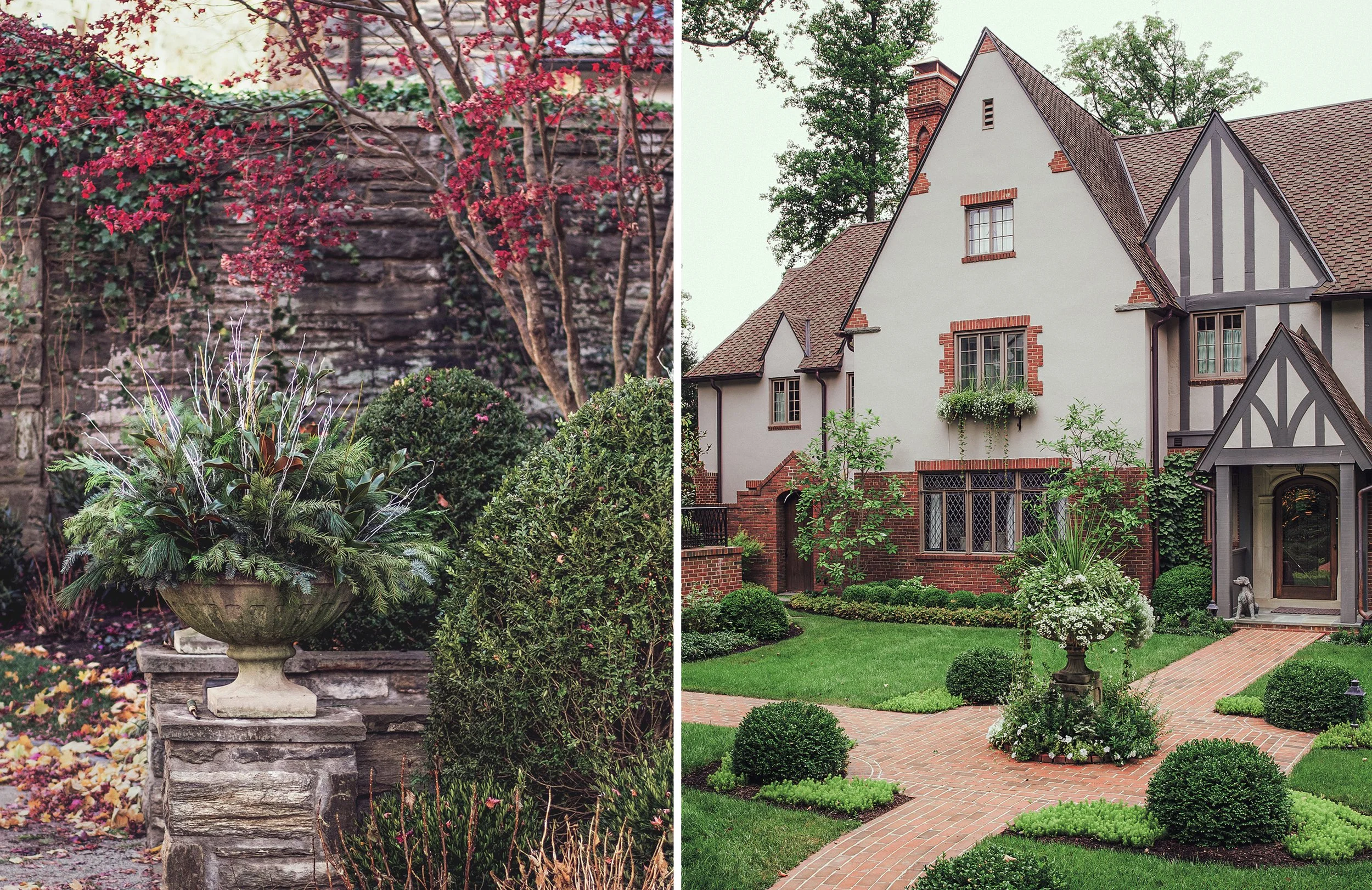 Side-by-side images of a lush garden and a picturesque house with a well-maintained lawn and red-brick walkways.