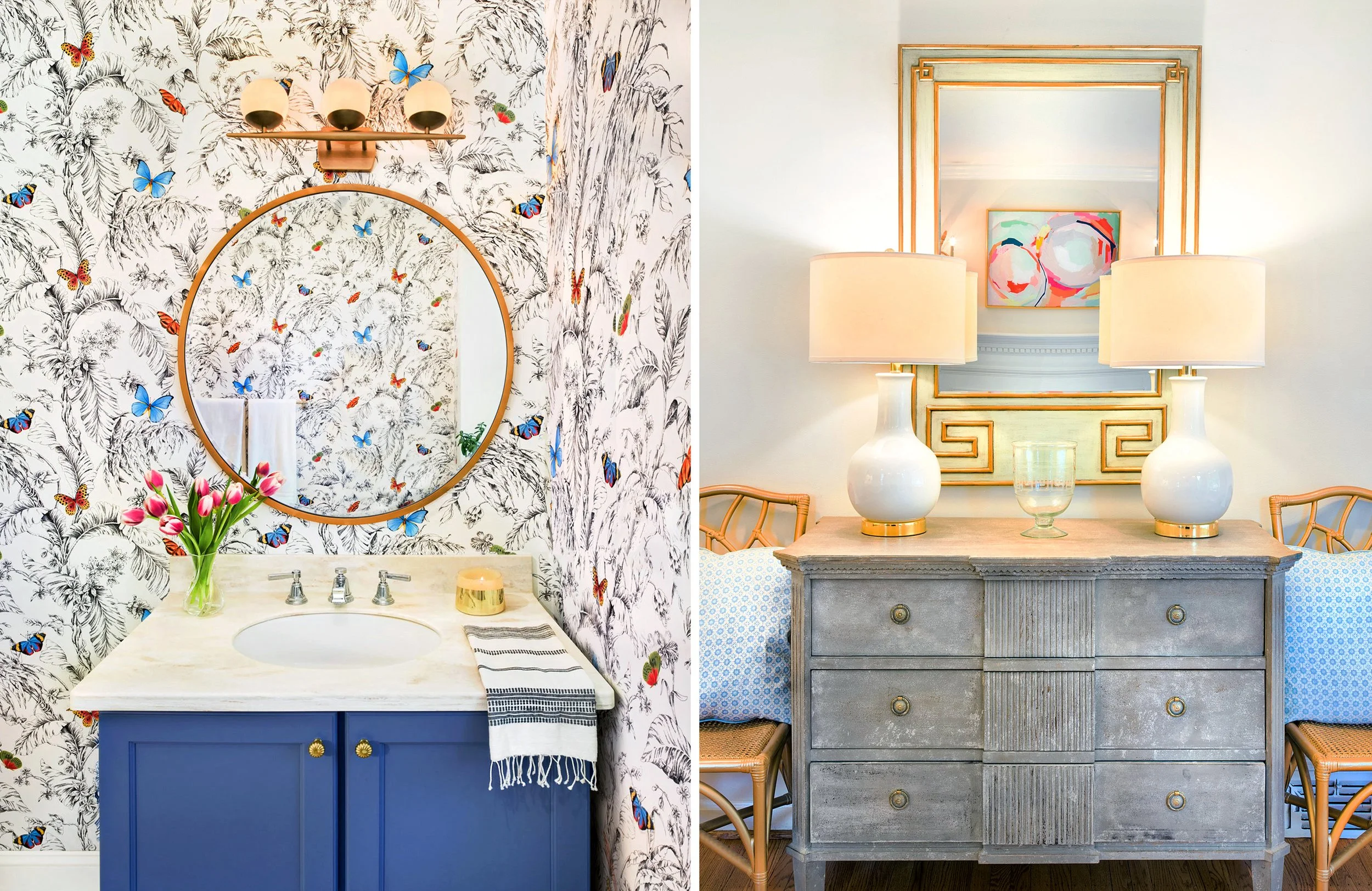 Decorative bathroom with butterfly patterned wallpaper, round mirror, marble sink, and pink tulips on the left; elegant sideboard with two white lamps, a framed mirror, and colorful artwork above on the right.