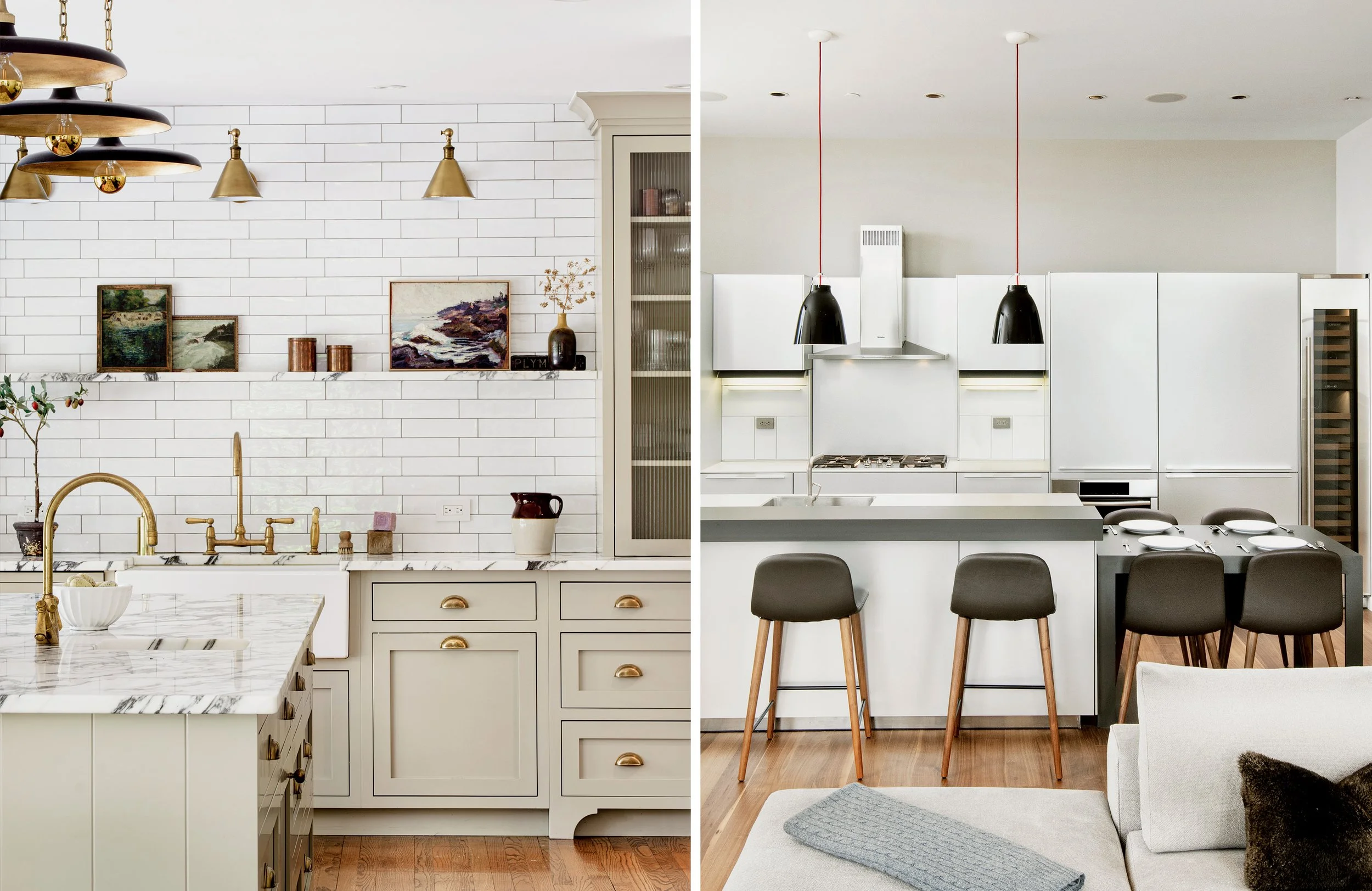 Split image showing two kitchens. The left kitchen has white cabinets, gold hardware, and a marble countertop with a gold faucet, along with decorative paintings and vases on the wall. The right kitchen has a modern, minimalist white design with a wh