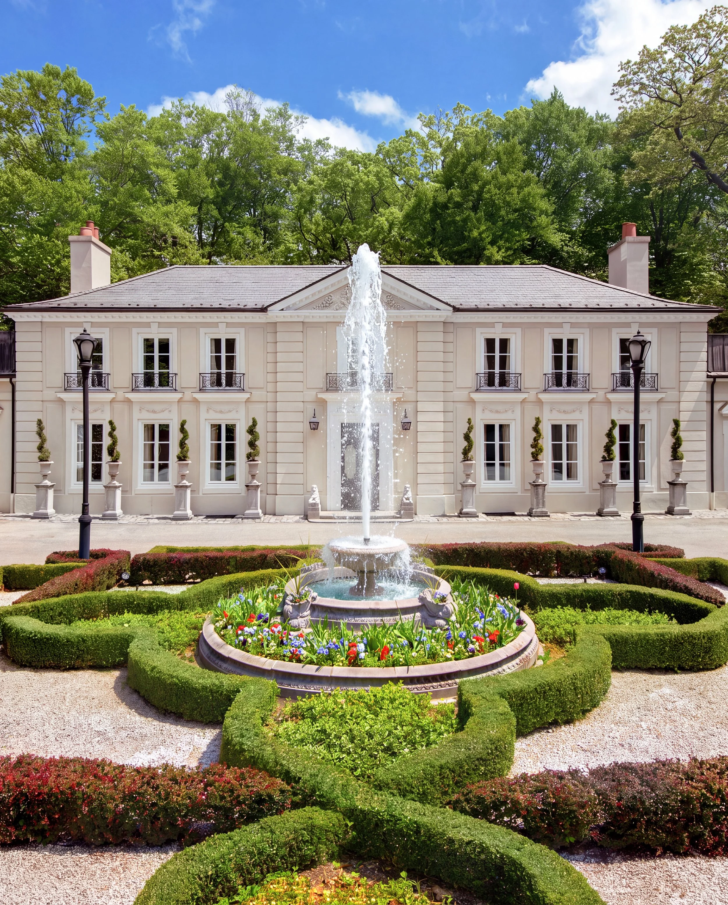 Large elegant mansion with cream-colored exterior. In front is a landscaped garden with a circular fountain shooting water surrounded by colorful flowers, trimmed bushes, and gravel pathways. 