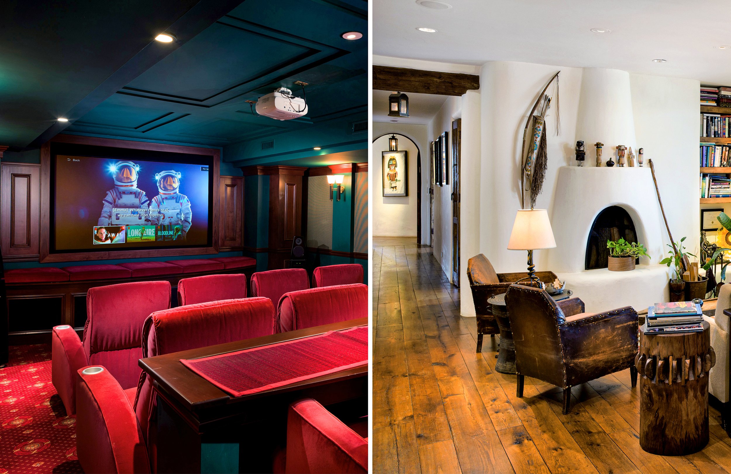 A split image of two indoor settings. On the left, a home theater room with red velvet chairs, a large screen showing astronauts, wood-paneled walls, and a ceiling-mounted projector. On the right, a cozy living room with a white curved fireplace, vin