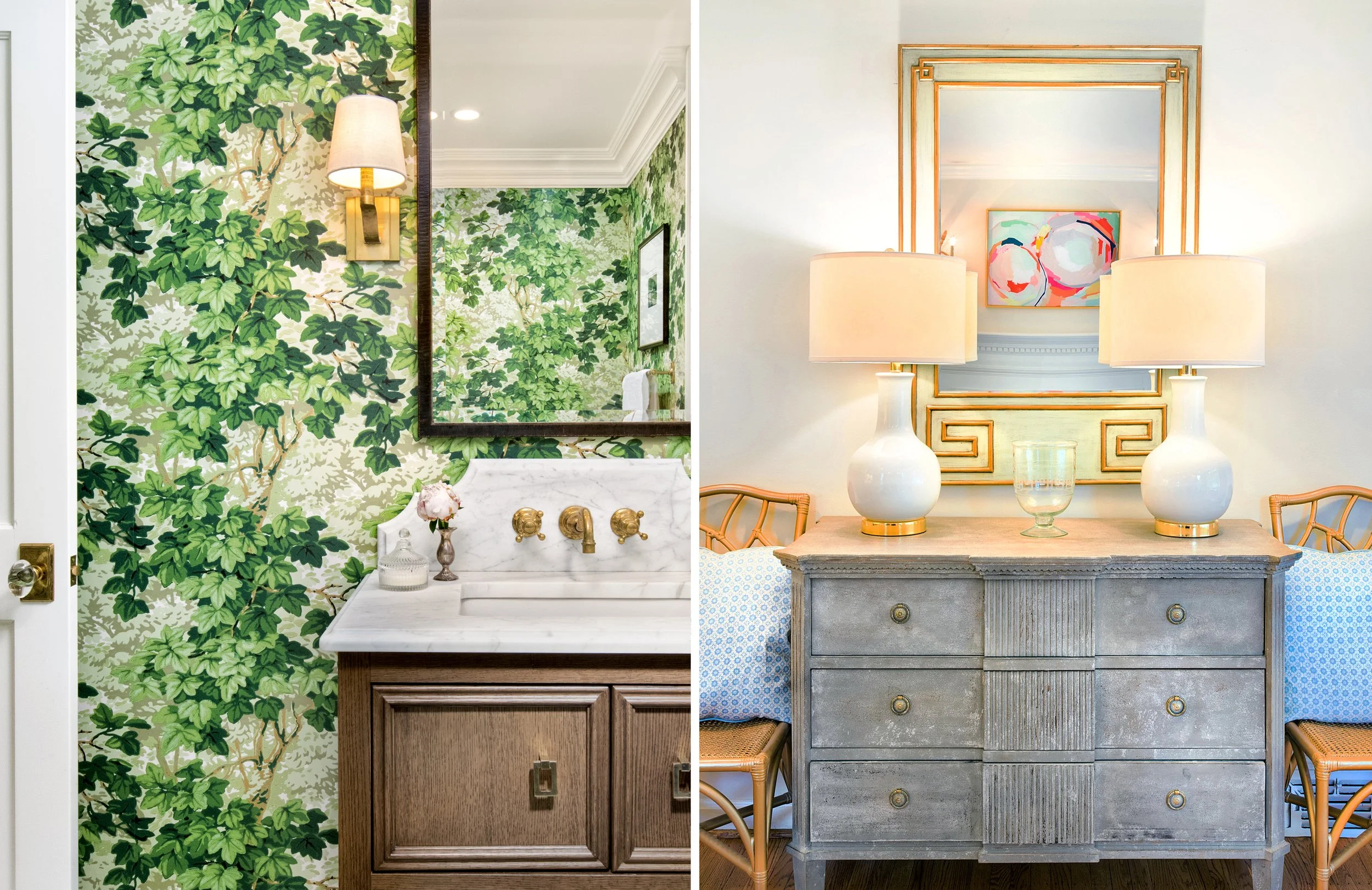 Left side: Bathroom with green leafy wallpaper, a wall-mounted lamp, a mirror, and a white marble countertop with a faucet. Right side: Dining room with a large mirror, two white table lamps, a painting, and a rustic gray wooden sideboard.