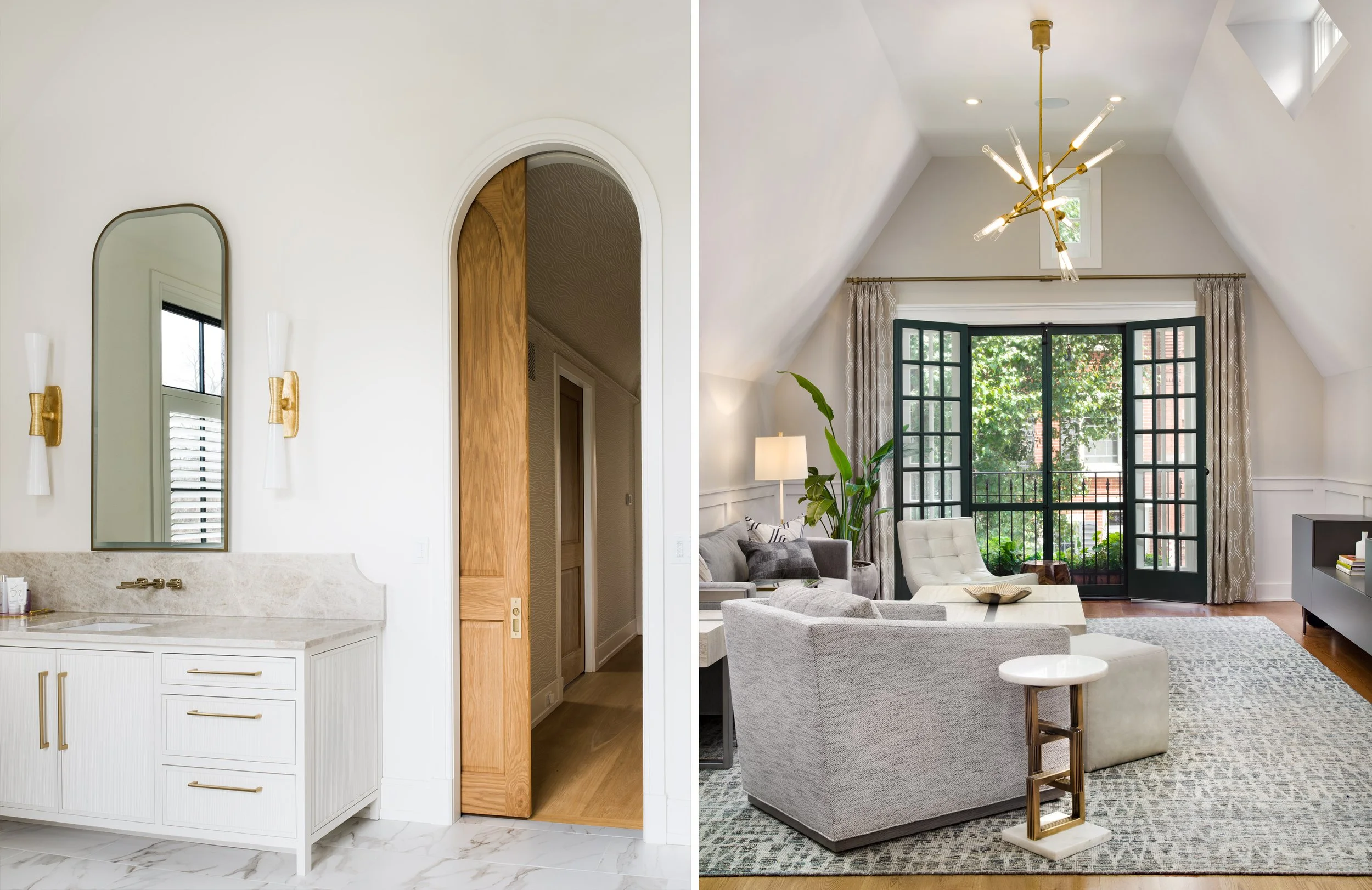 Split interior design image showing a modern white bathroom vanity and arched doorway beside a bright living room with vaulted ceilings, contemporary chandelier, French doors, and gray furnishings.