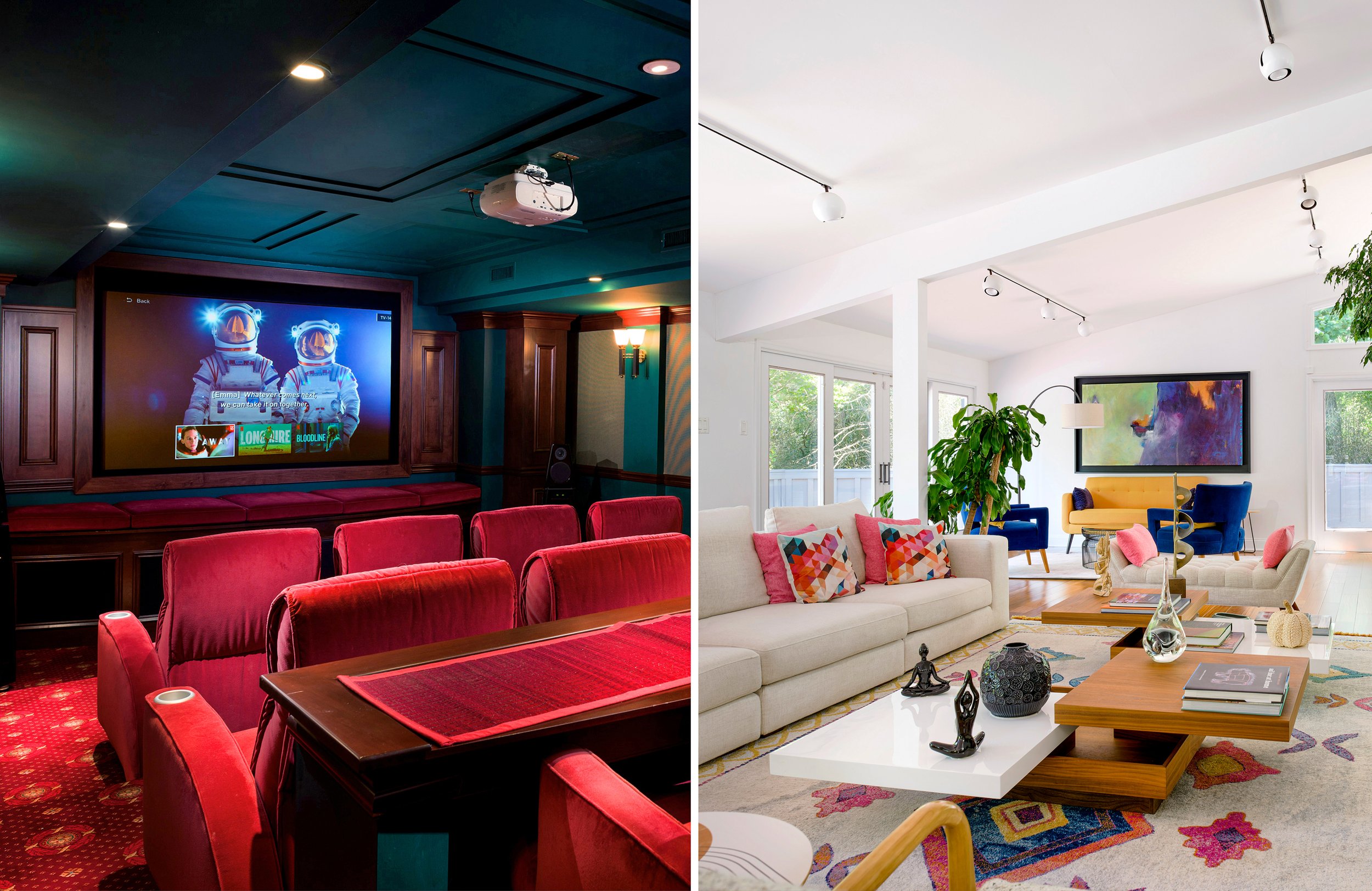 Comparison of a home theater room with a large TV and red seating on the left, and a bright living room with colorful furniture and artwork on the right.