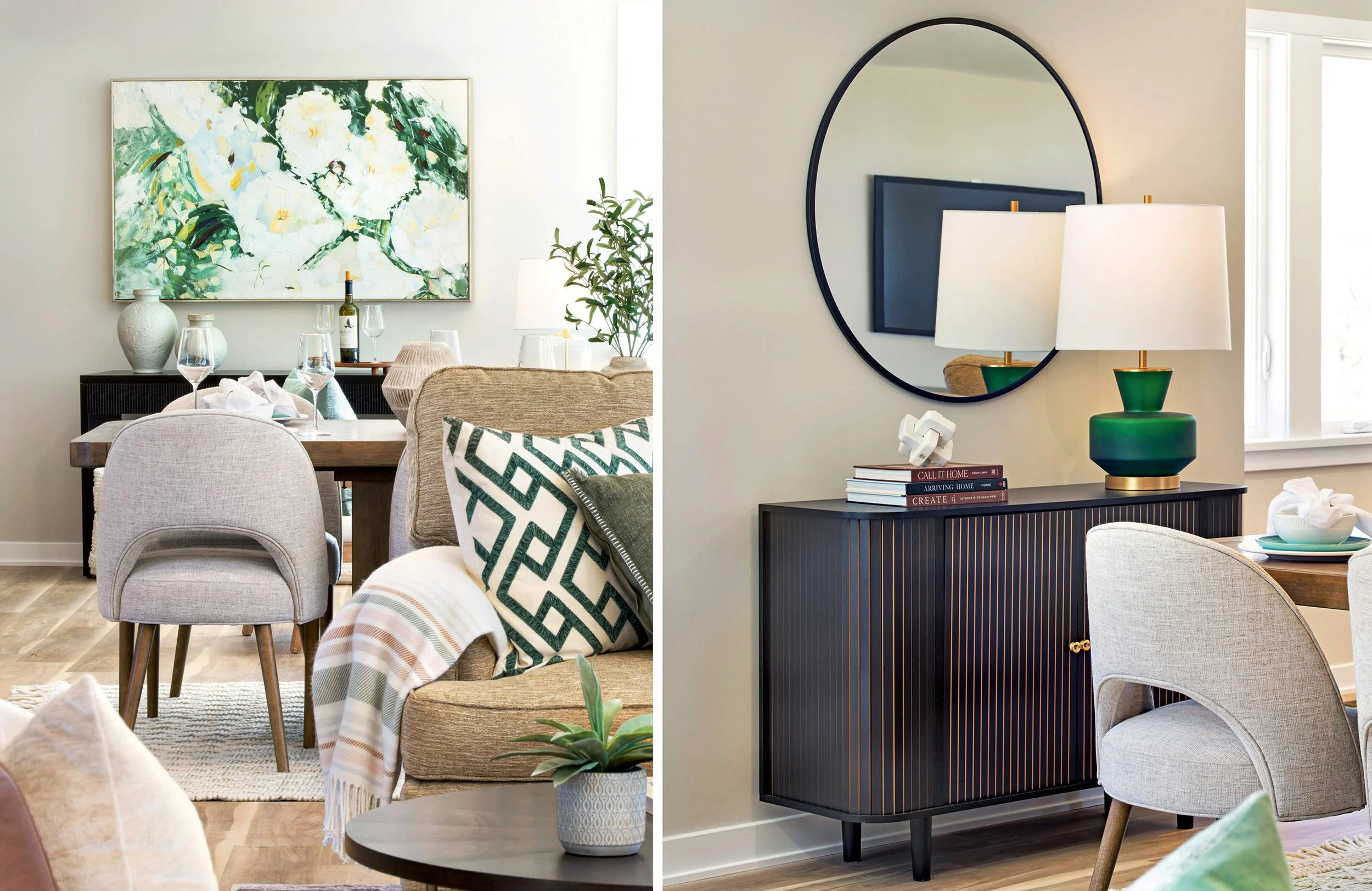 Side-by-side comparison of a living room and a hallway with a black console table and decorative items, including lamps, artwork, mirror, and plants. Green theme.