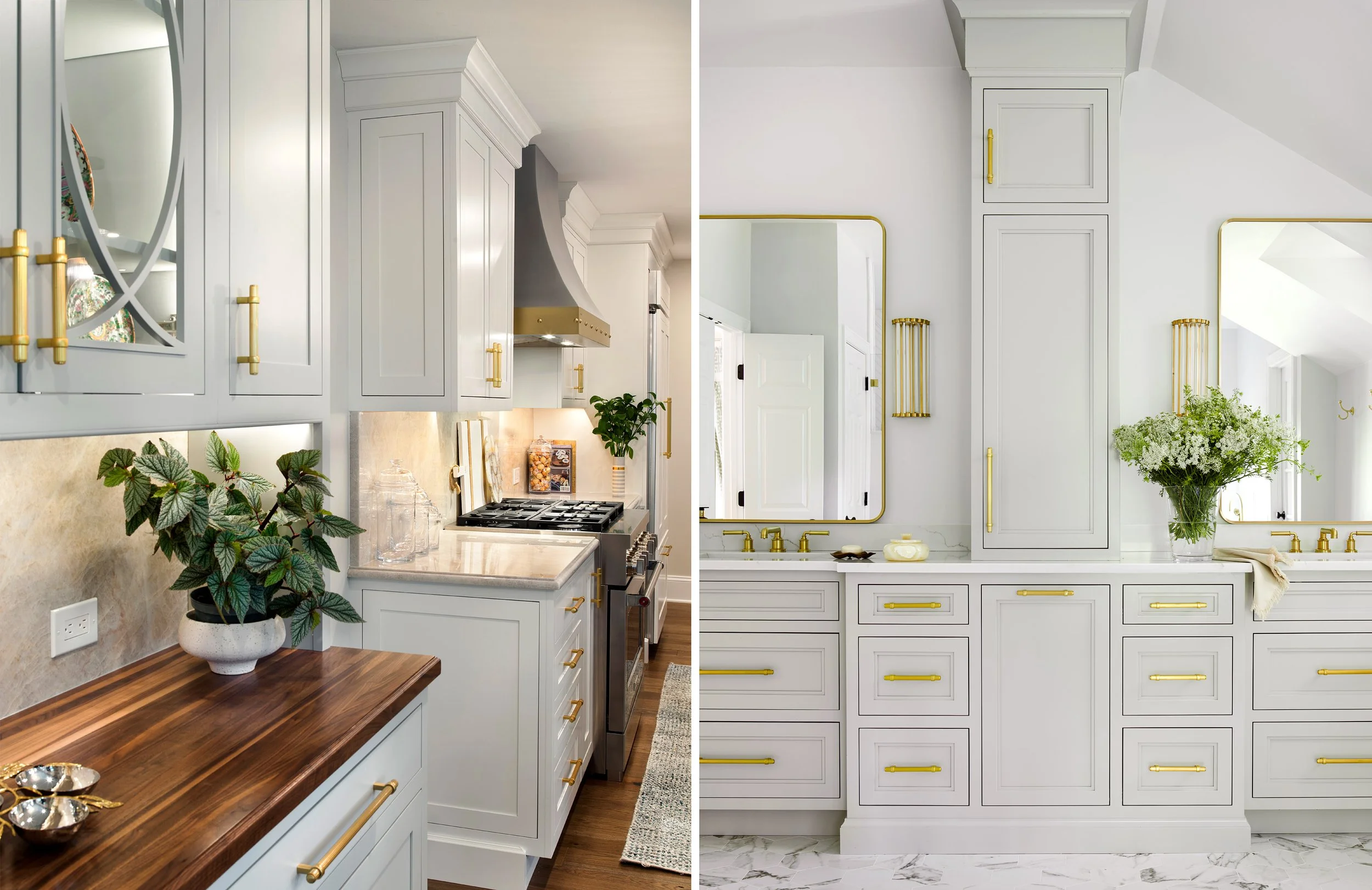 Collage of elegant white kitchen cabinetry with gold hardware, marble countertops, mirrors, plants, and decorative lighting.