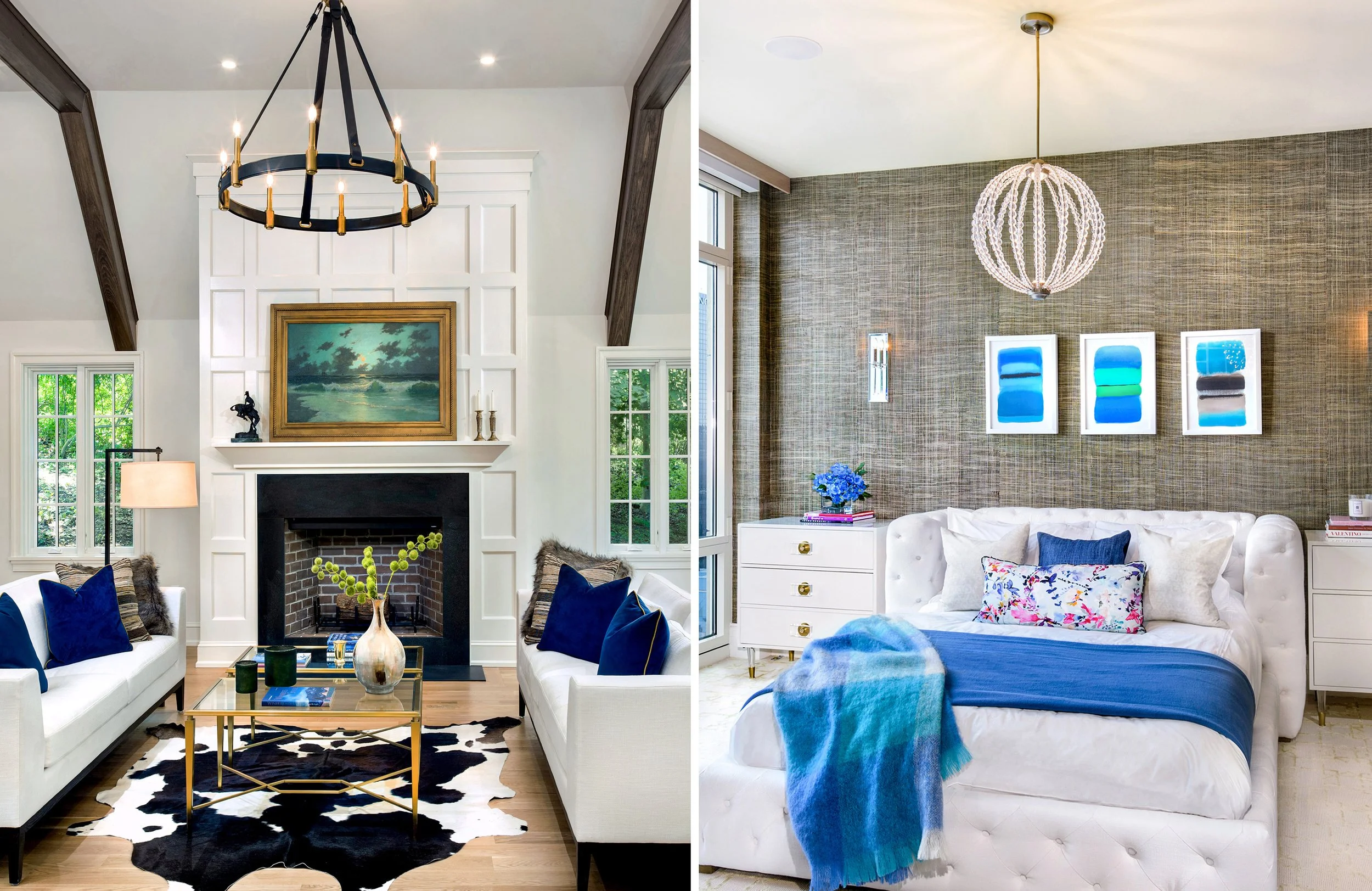 A split image showing two different rooms. The left side features a living room with white walls, a white fireplace, and a chandelier. It has white sofas with navy blue and dark brown pillows, a cowhide rug, a gold coffee table, and large windows wit