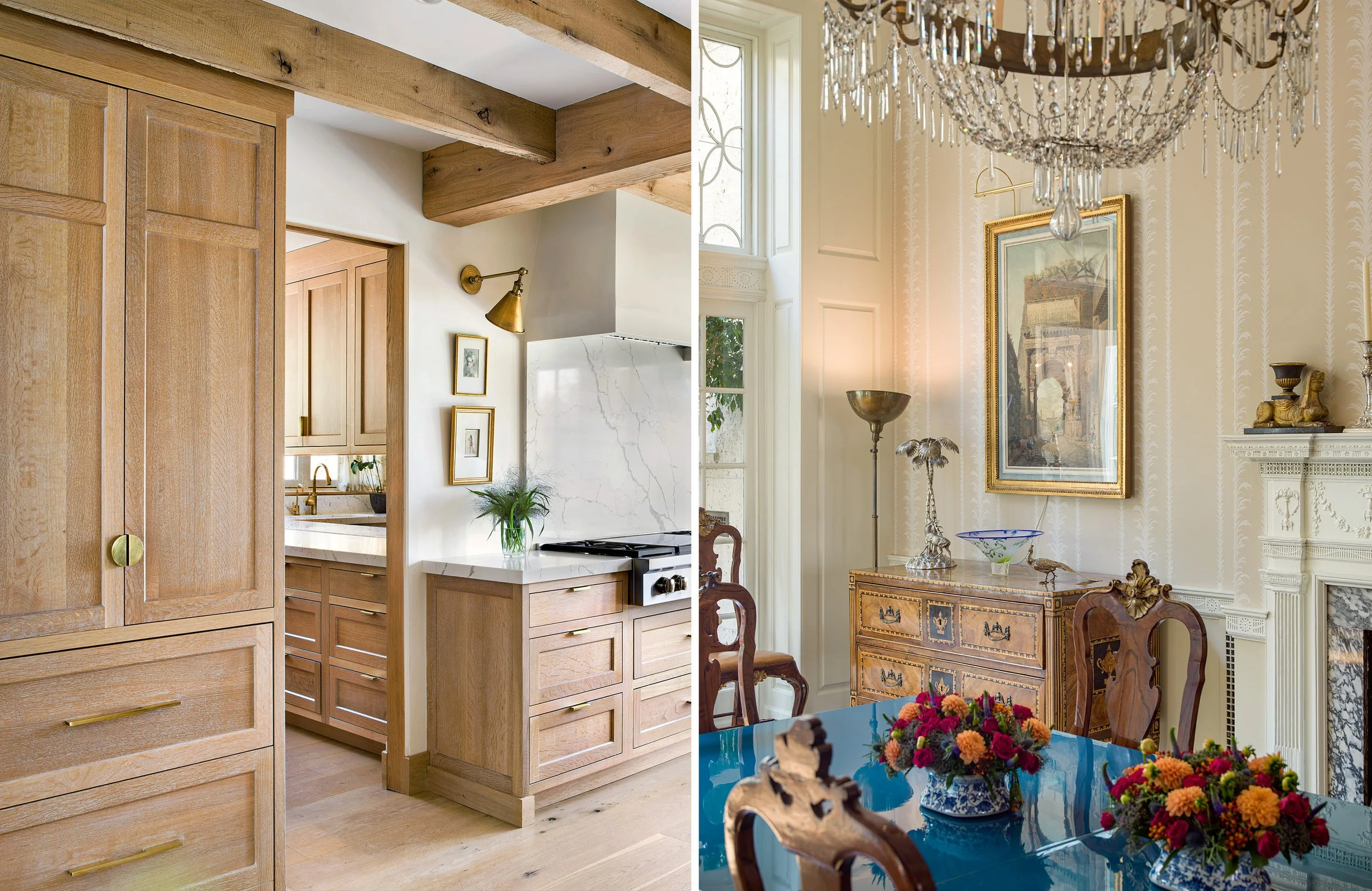 Split image showing a modern kitchen with wooden cabinets and a traditional ornate dining room with a chandelier and floral arrangements.