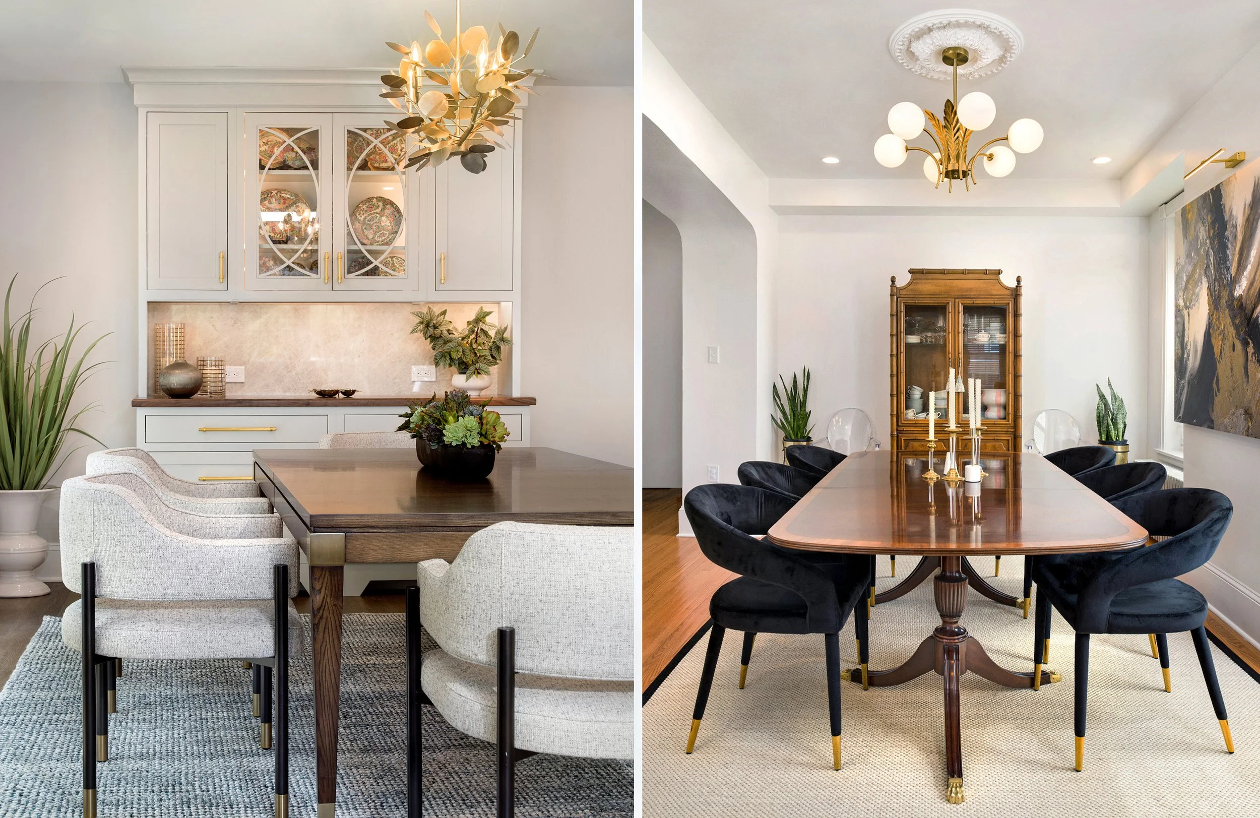 Two separate dining room images: the left features a white cabinet with decorative dishes and a chandelier, the right shows a wood cabinet with candles and a geometric wall art piece.